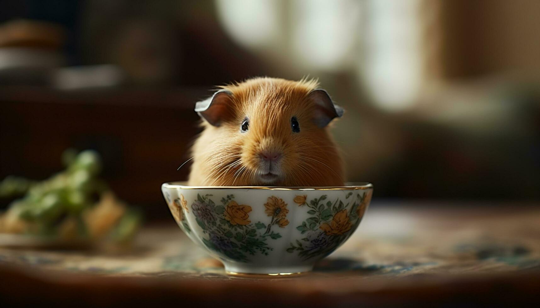 Fluffy guinea pig eating from bowl, cute small mammal indoors generated by AI photo