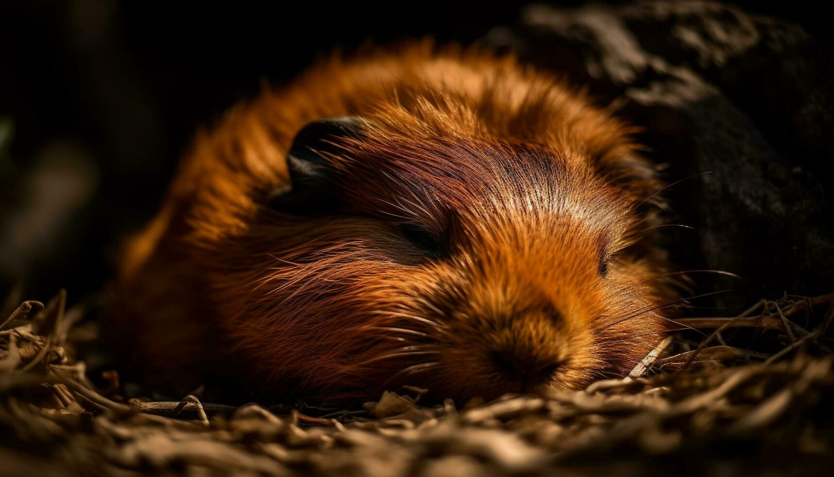 Fluffy guinea pig with whiskers lying on grass, looking cute generated by AI photo
