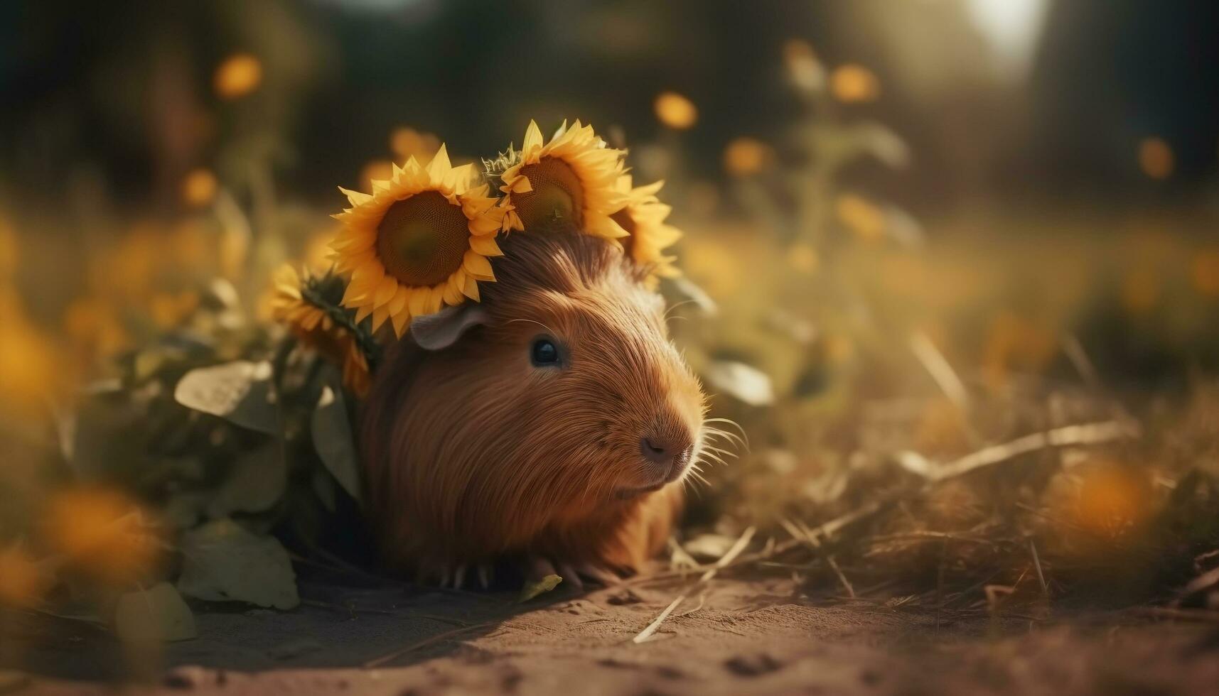 Fluffy guinea pig sitting in grass, enjoying summer sunset generated by AI photo
