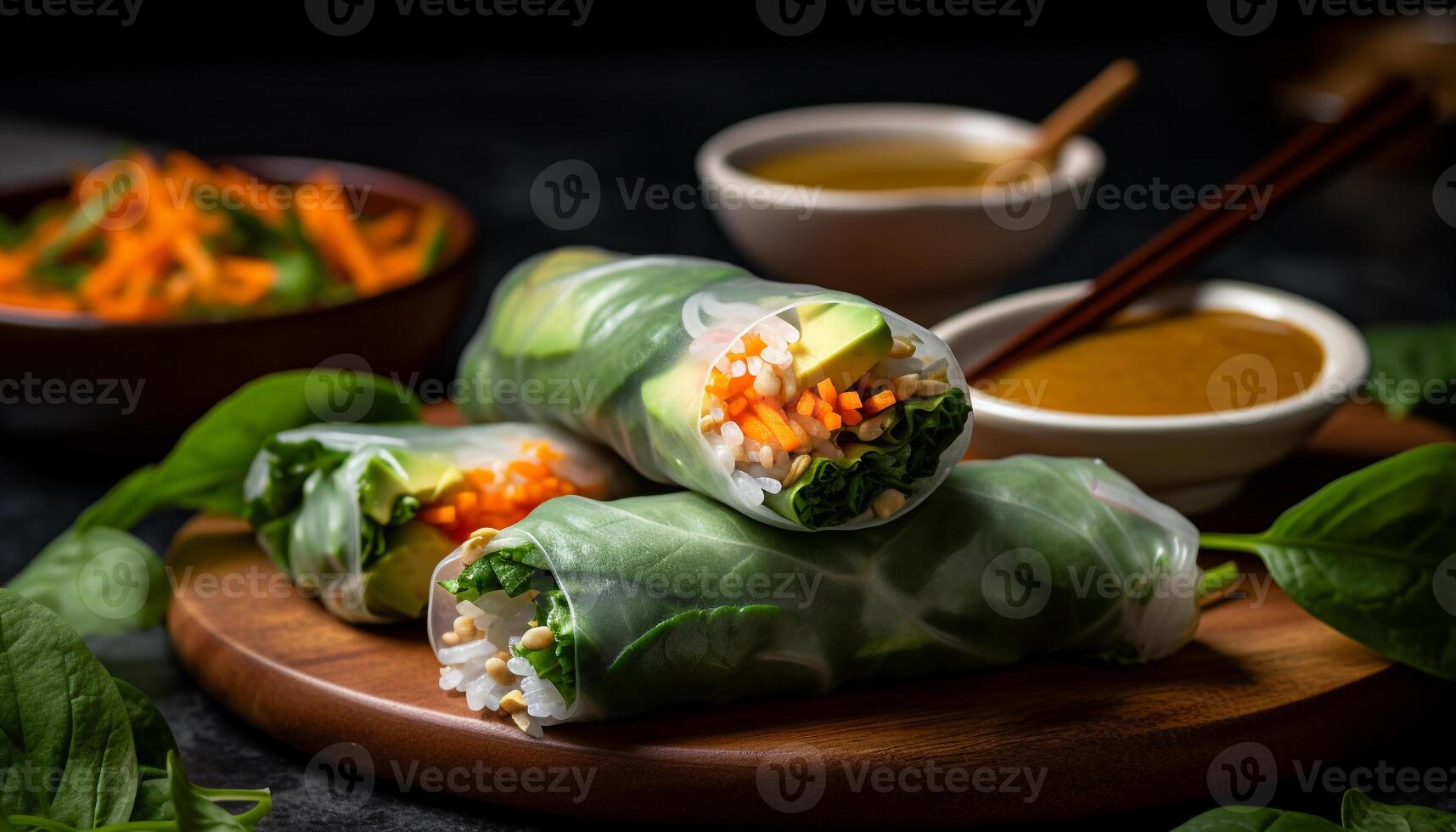 Fresh vegetable salad with rolled up spring roll on wooden plate generated by AI photo
