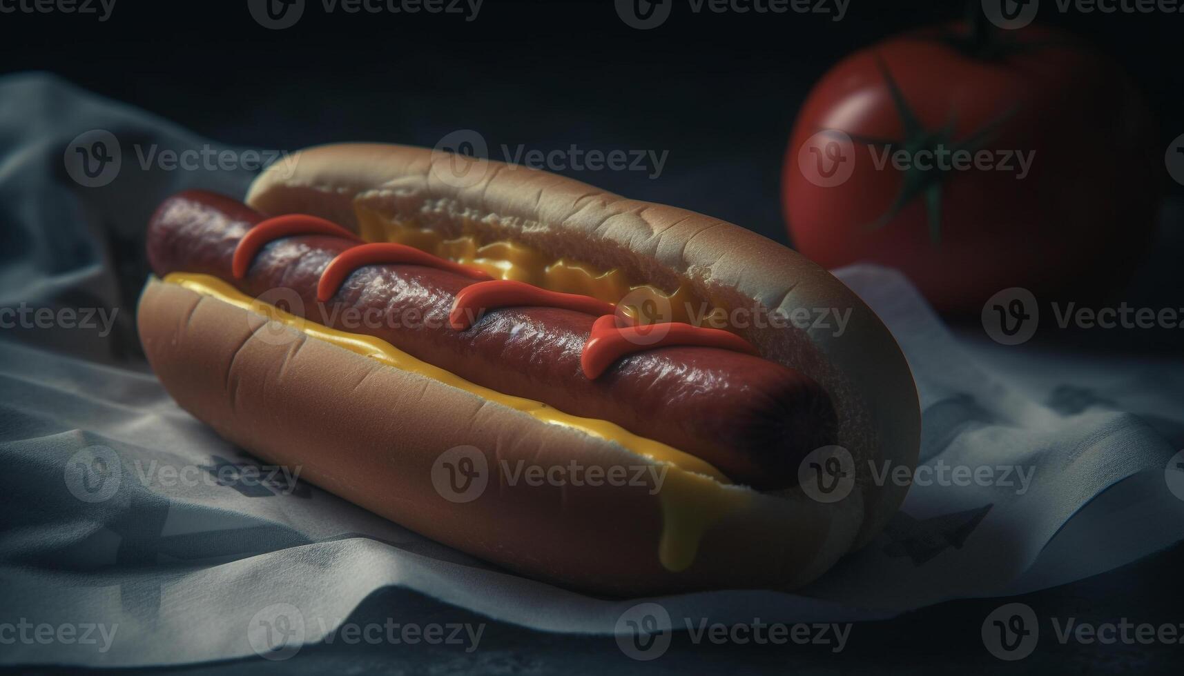 Grilled hot dog on bun with ketchup, onion, and relish generated by AI photo