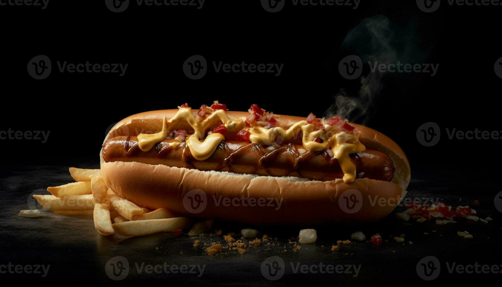 Grilled beef and pork, hot dog, and bratwurst on bun generated by AI photo