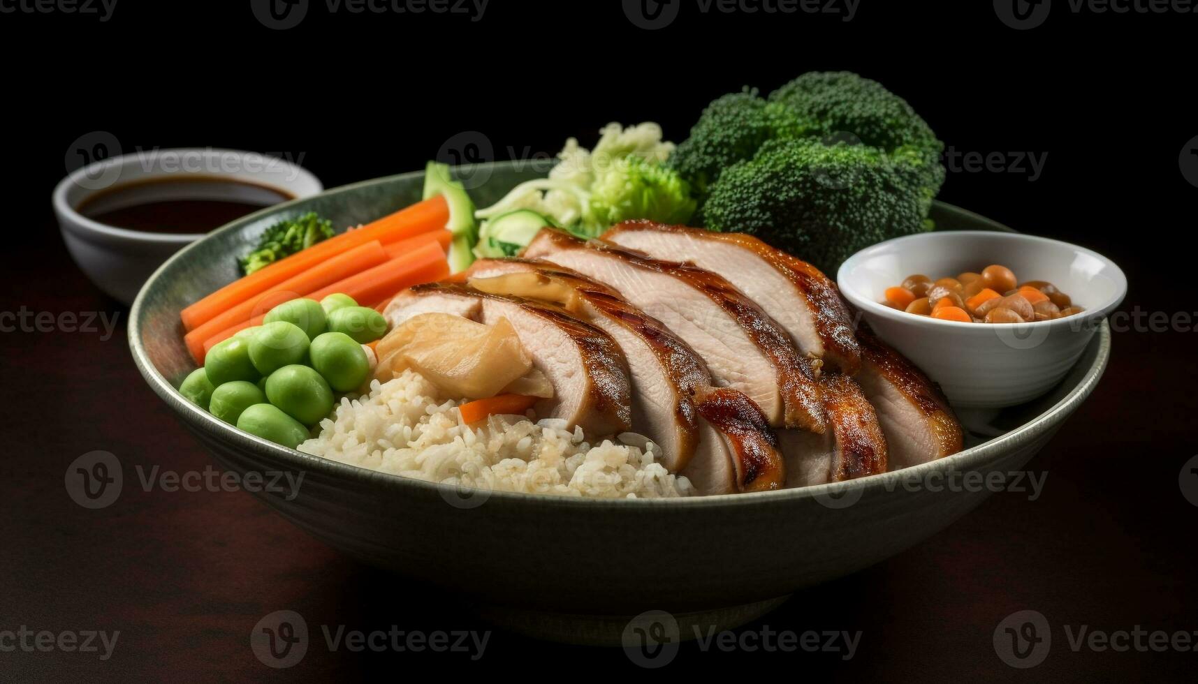 Freshly cooked gourmet meal grilled pork fillet with steamed vegetables generated by AI photo