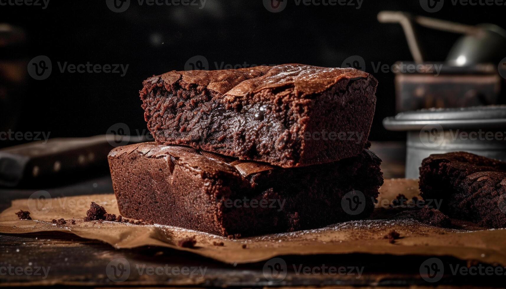 Homemade dark chocolate brownie slice on rustic wooden table generated by AI photo