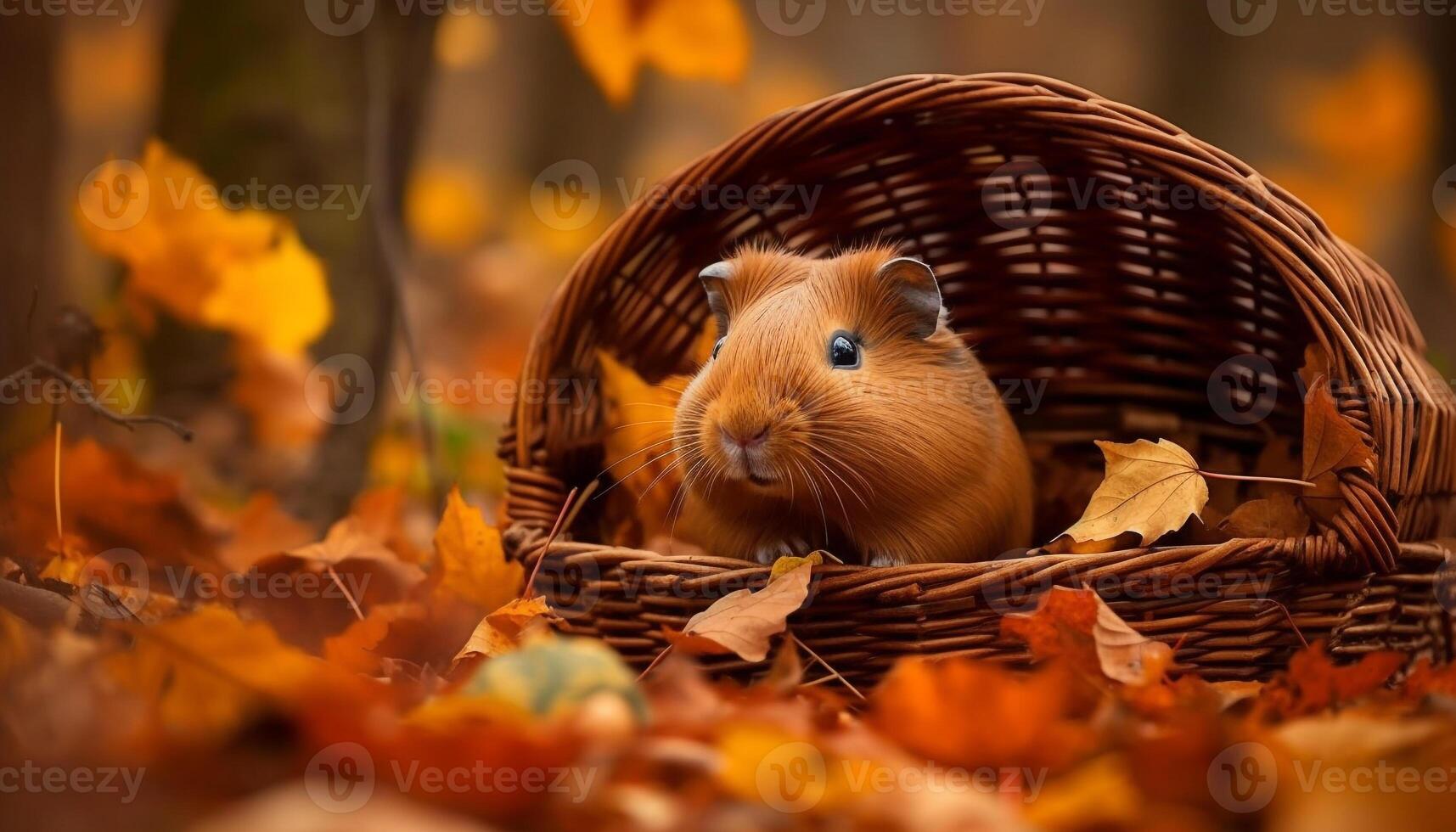 Small furry rodent sits in wicker basket with autumn pumpkin generated by AI photo