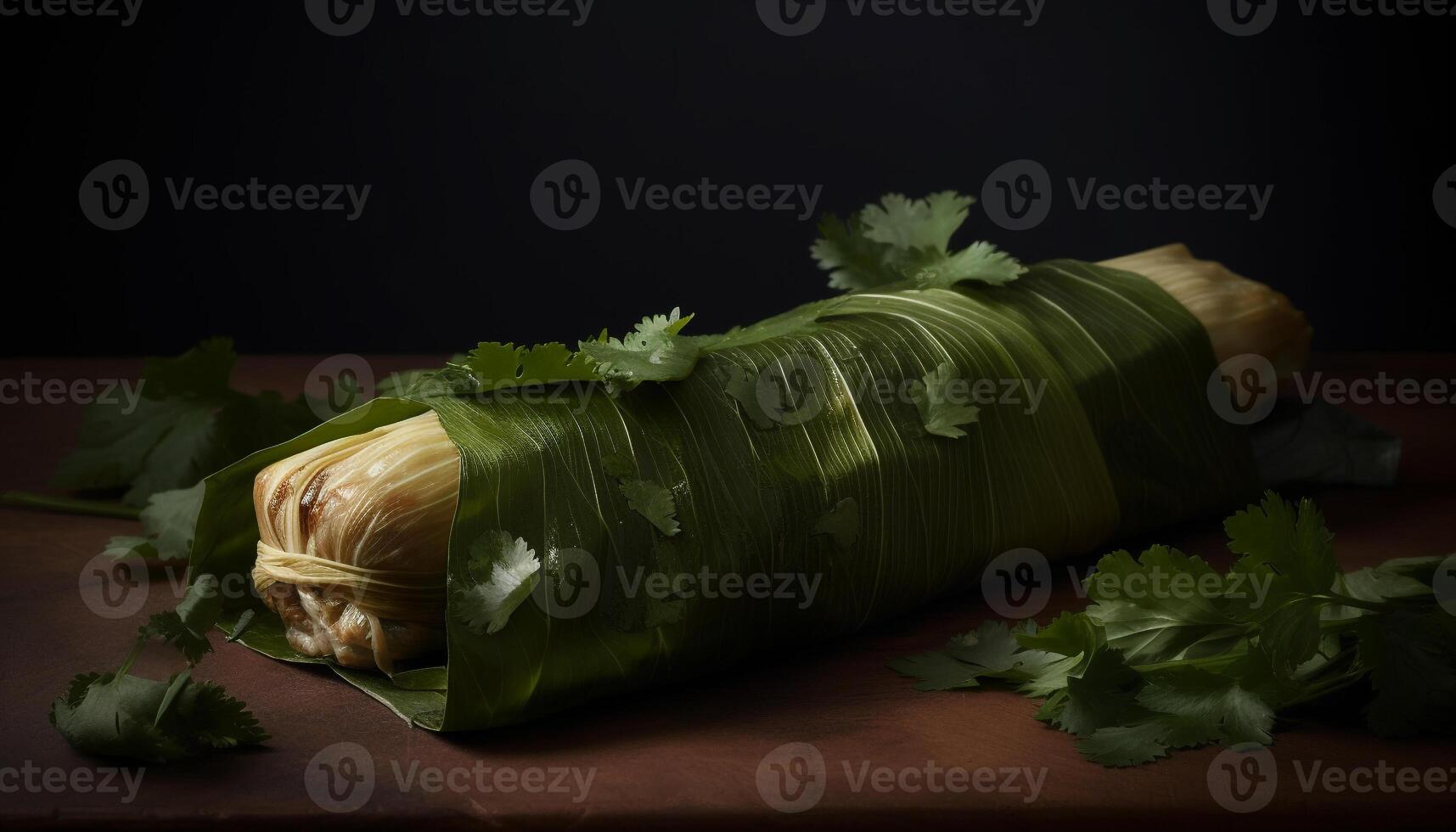 Fresh vegetarian meal wrapped in green leaves with cilantro and parsley generated by AI photo