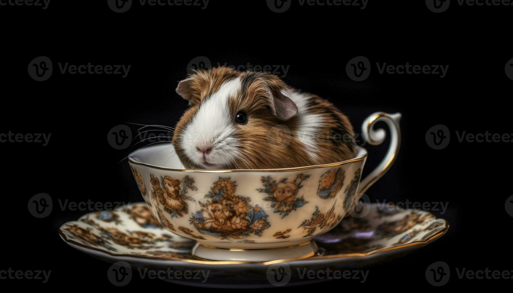 Cute fluffy guinea pig eating from small bowl on saucer generated by AI photo