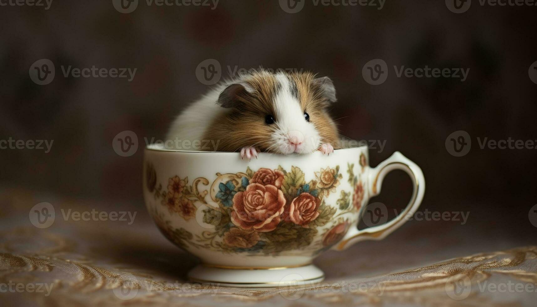 Cute small pets sitting on table, looking at food bowl generated by AI photo