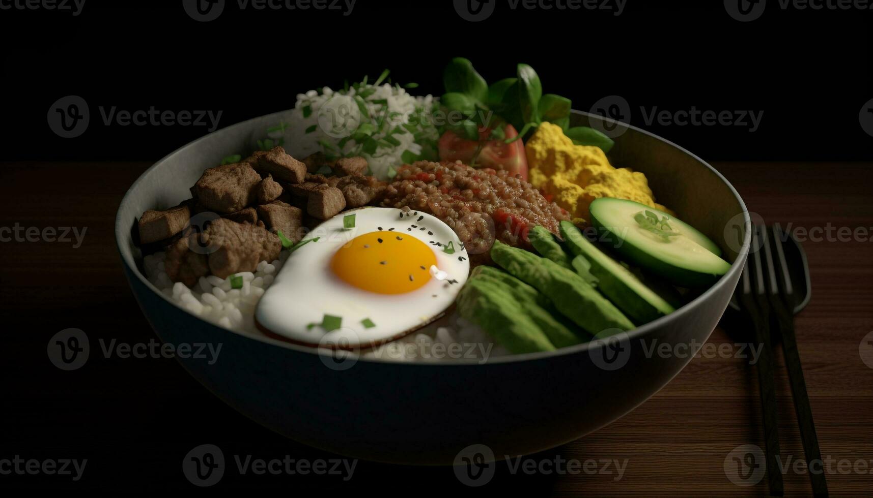 Fresco vegetal ensalada con A la parrilla Cerdo y arroz cuenco comida generado por ai foto