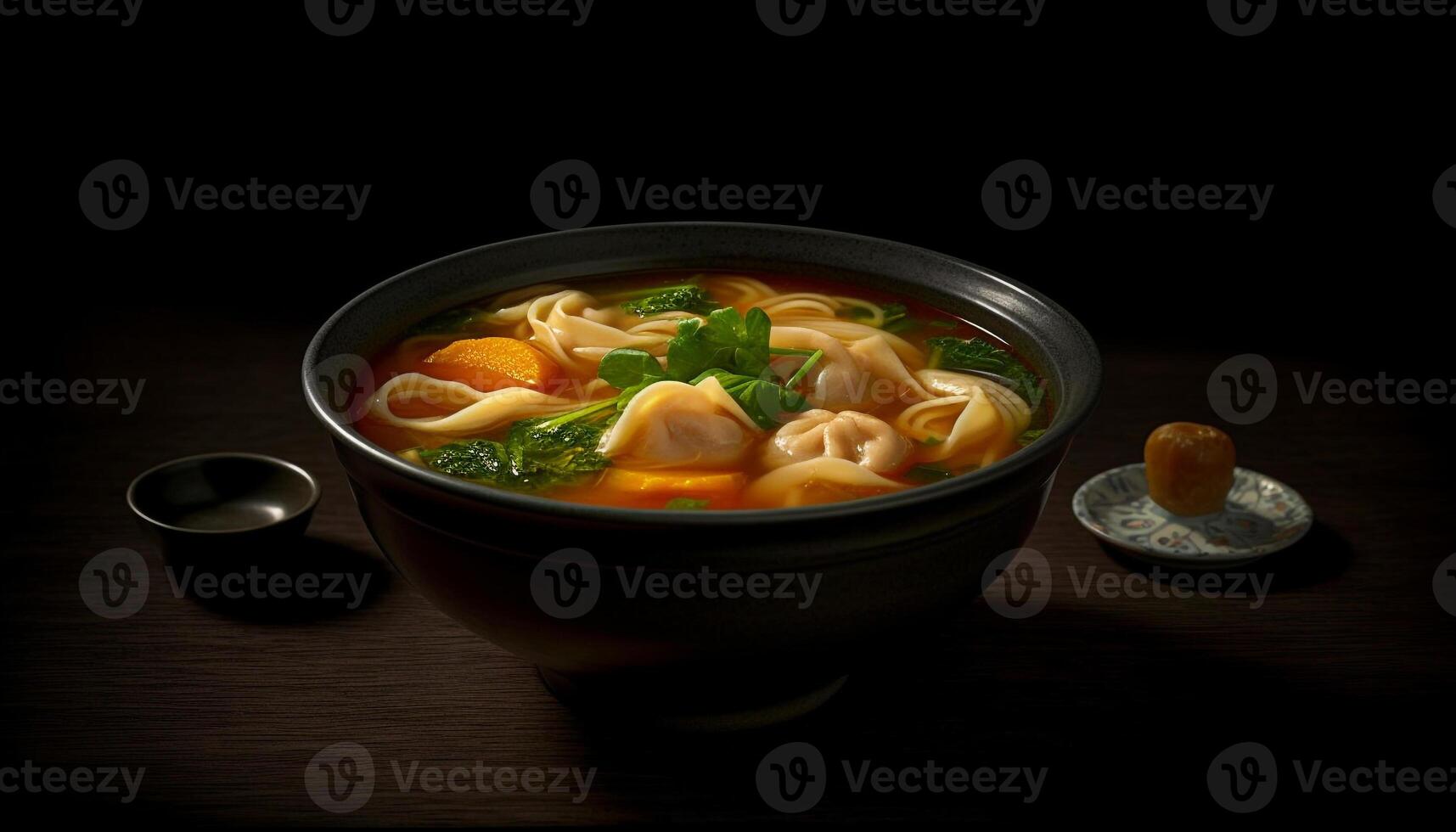 Healthy homemade vegetable noodle soup with pork and dumplings generated by AI photo