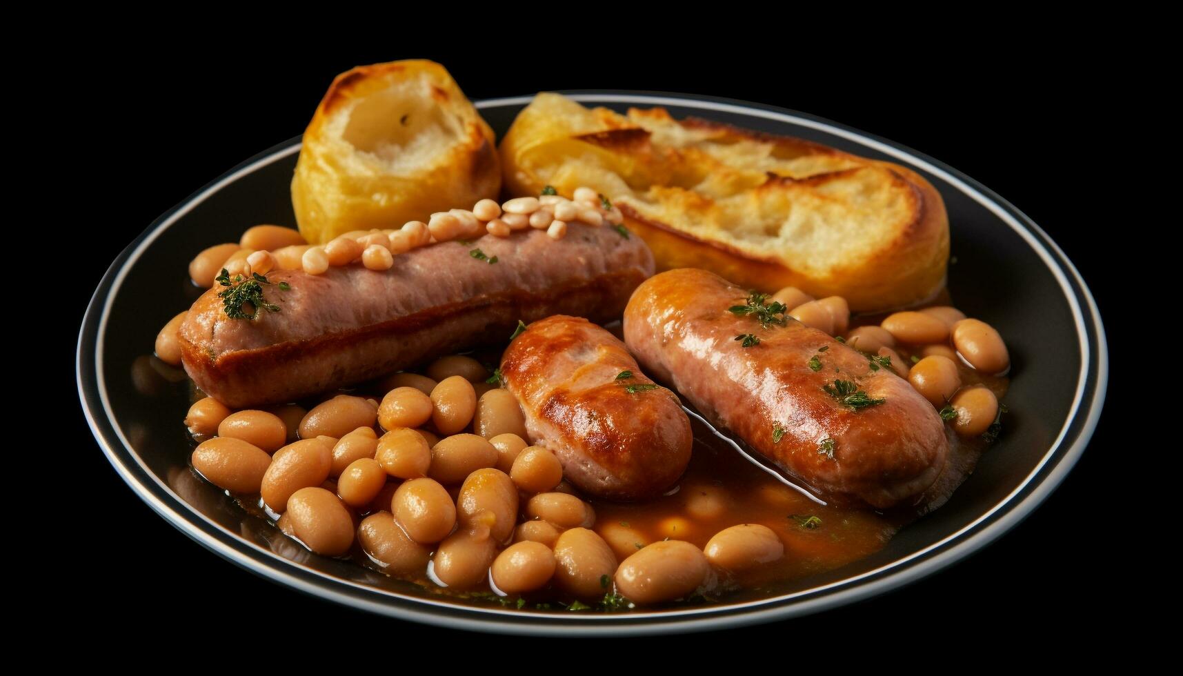 Grilled pork plate with bratwurst, beef, and baked beans generated by AI photo