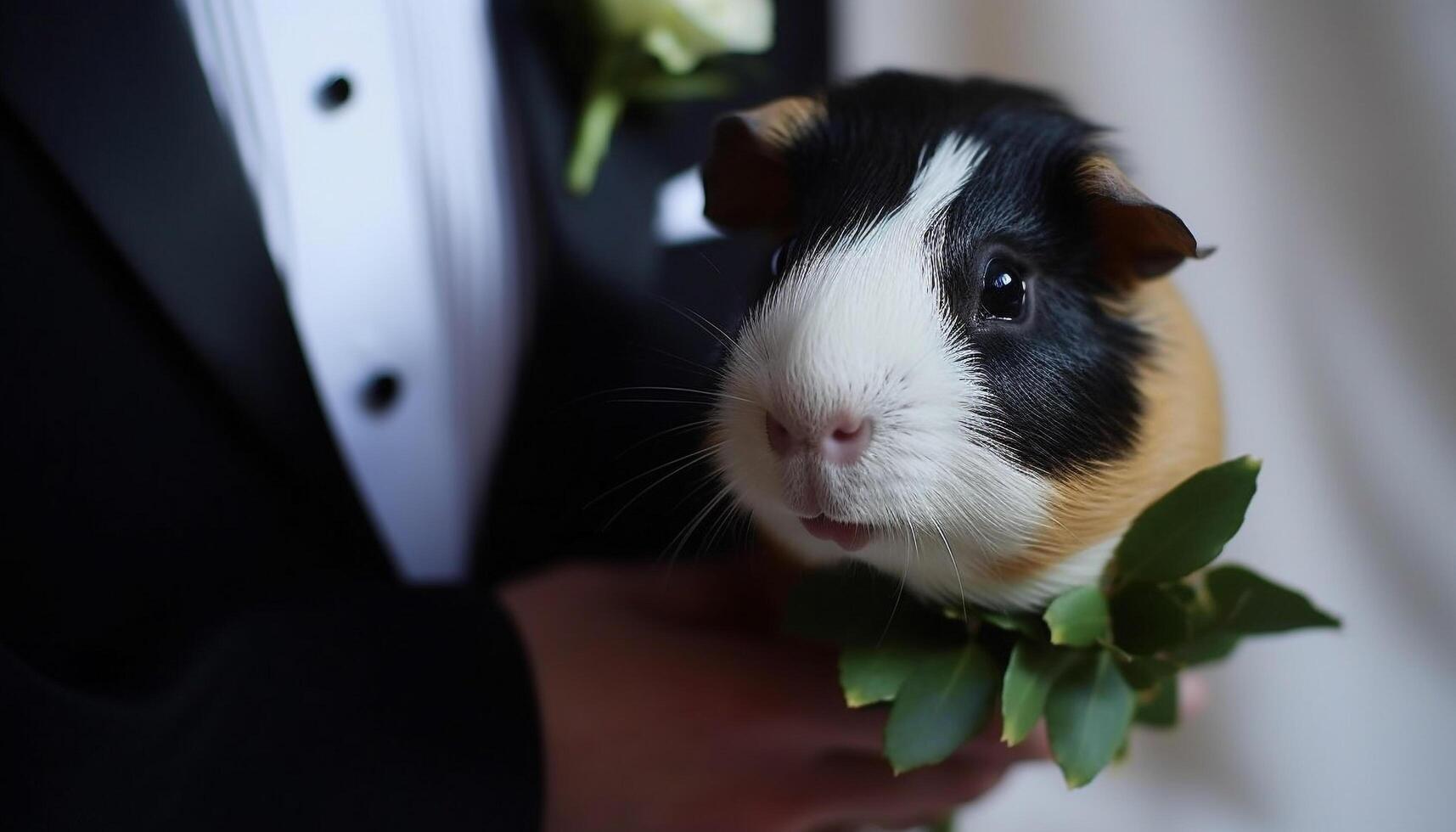 Cute guinea pig sitting outdoors, holding in human hand generated by AI photo