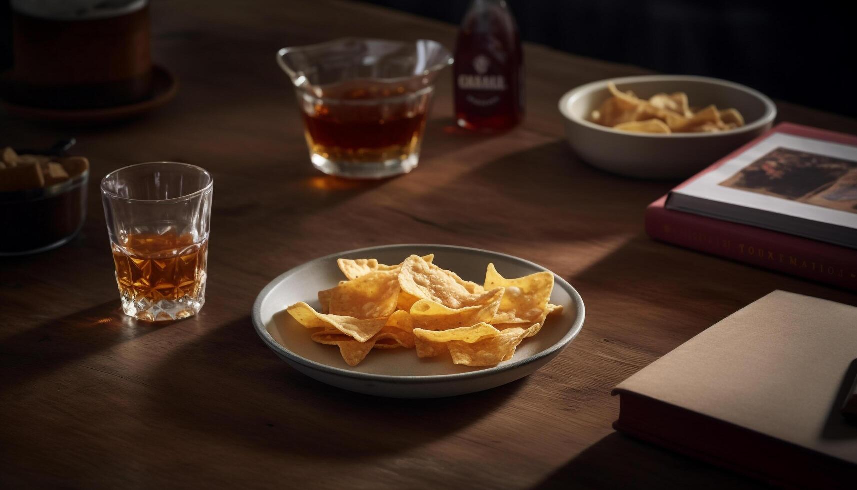 Stack of unhealthy snacks on rustic wood plate in bar generated by AI photo