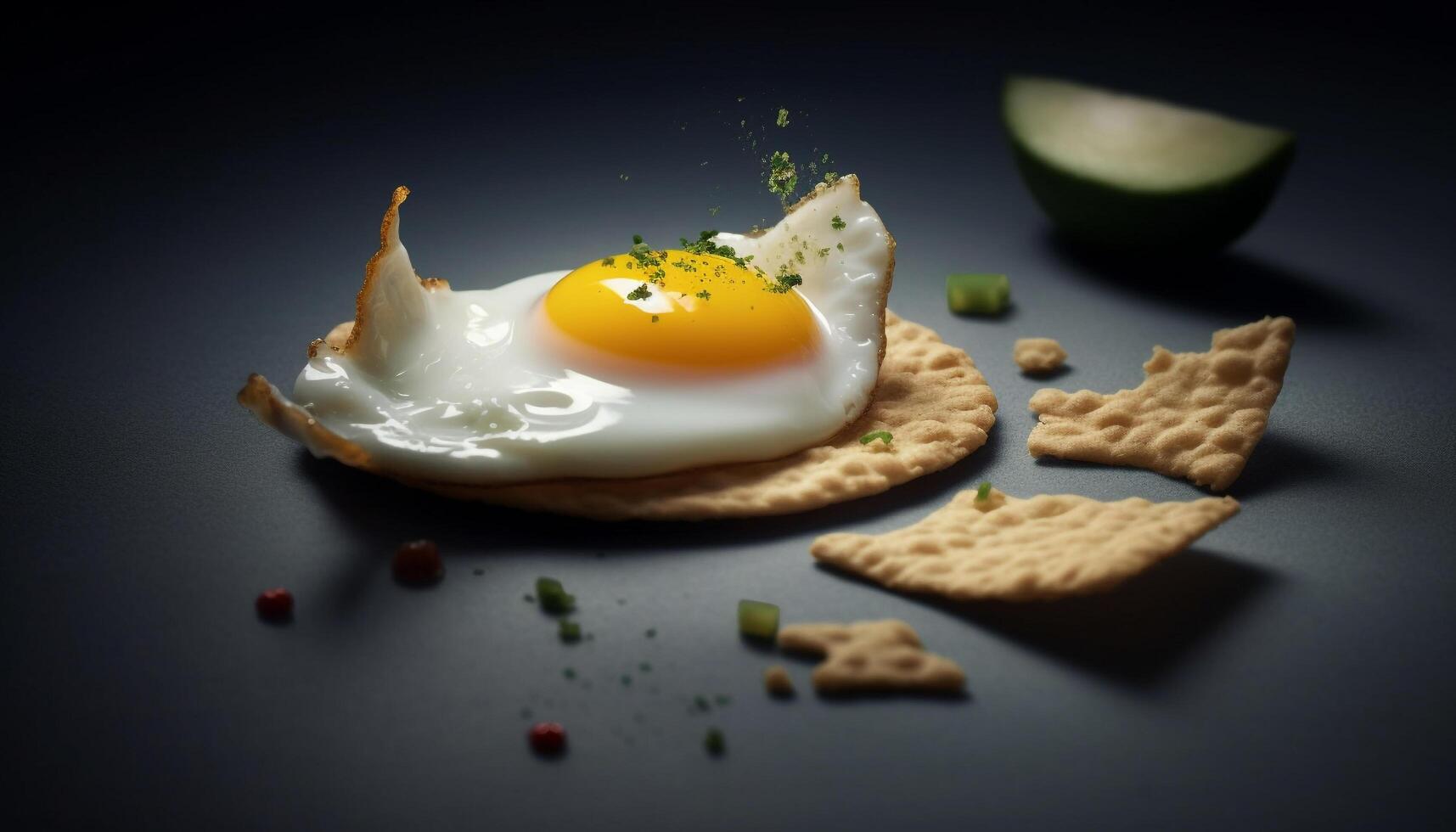 Fresco gastrónomo comida en amarillo plato con horneado un pan y Galleta generado por ai foto