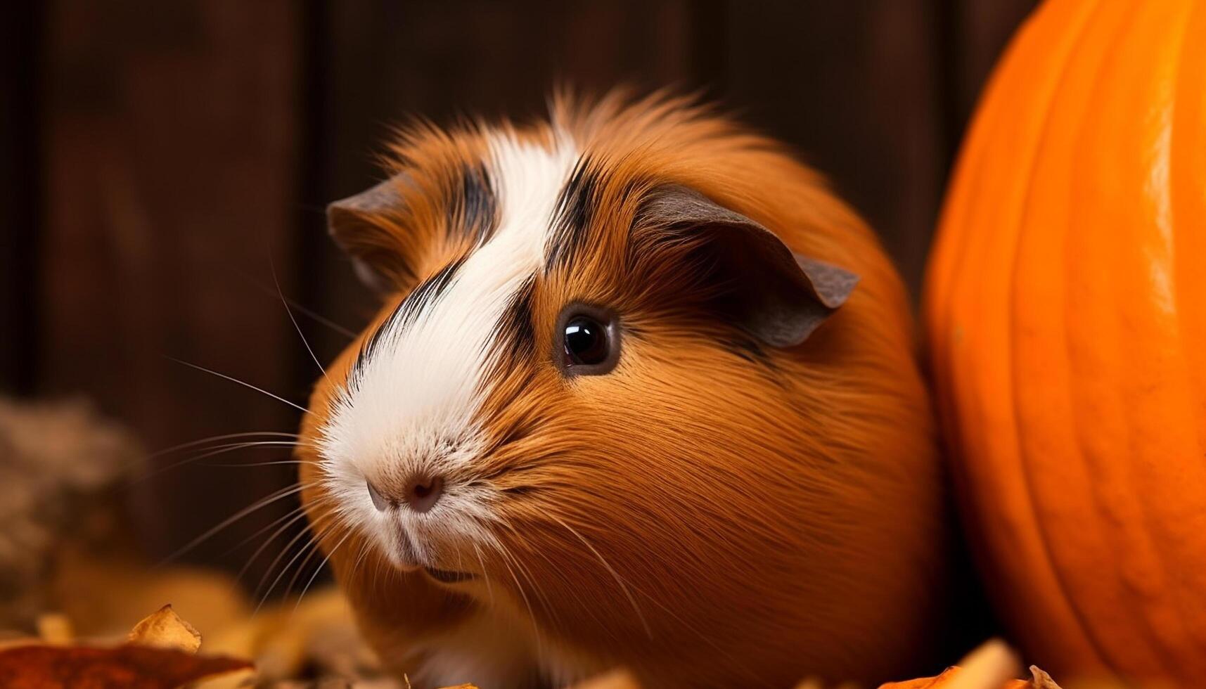 Fluffy guinea pig eats vegetable on wood, close up portrait generated by AI photo