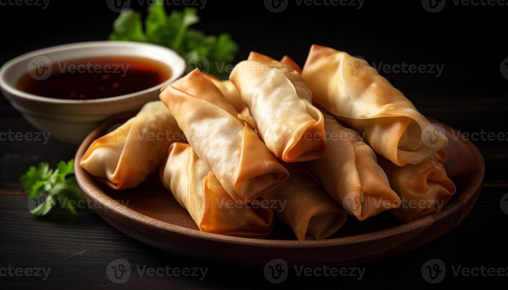 Freshly cooked Chinese spring rolls with savory homemade sauce generated by AI photo
