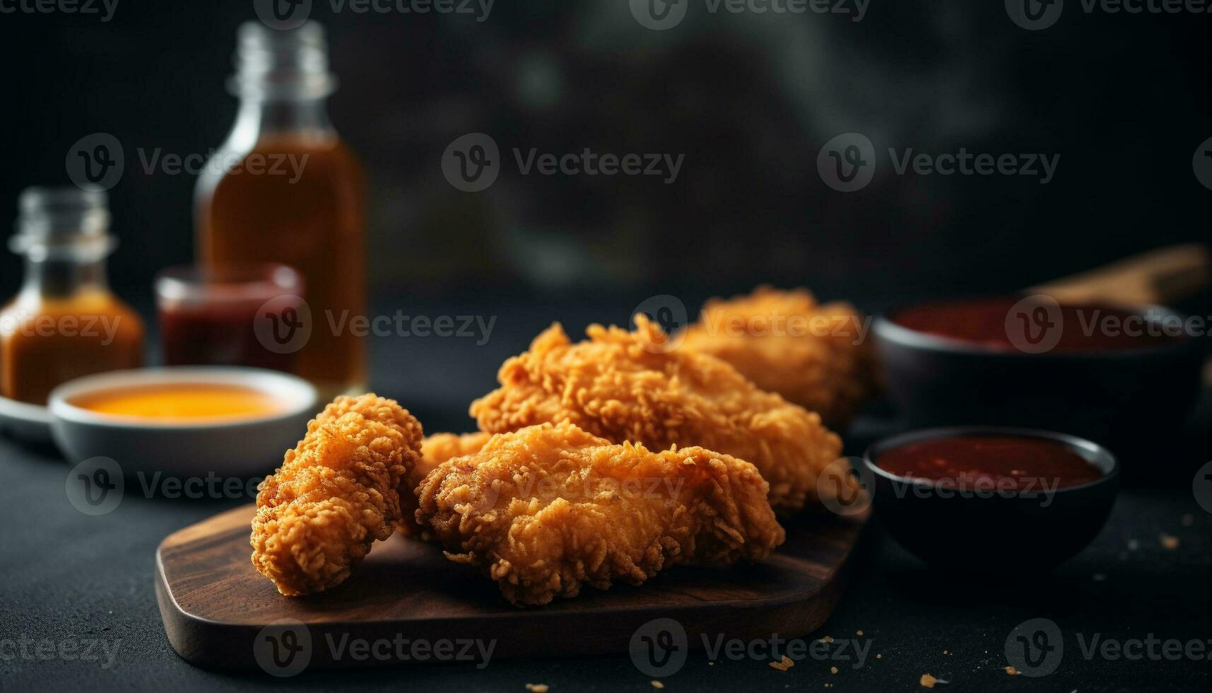 Fried chicken leg on wooden plate with ketchup dip generated by AI photo