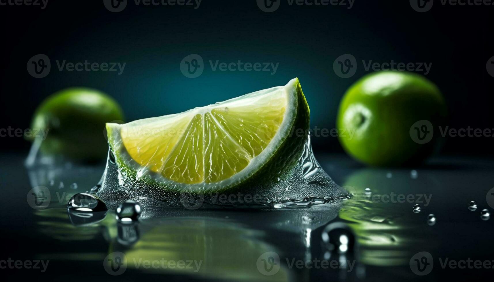 Juicy citrus slice splashing in refreshing water, promoting healthy eating generated by AI photo