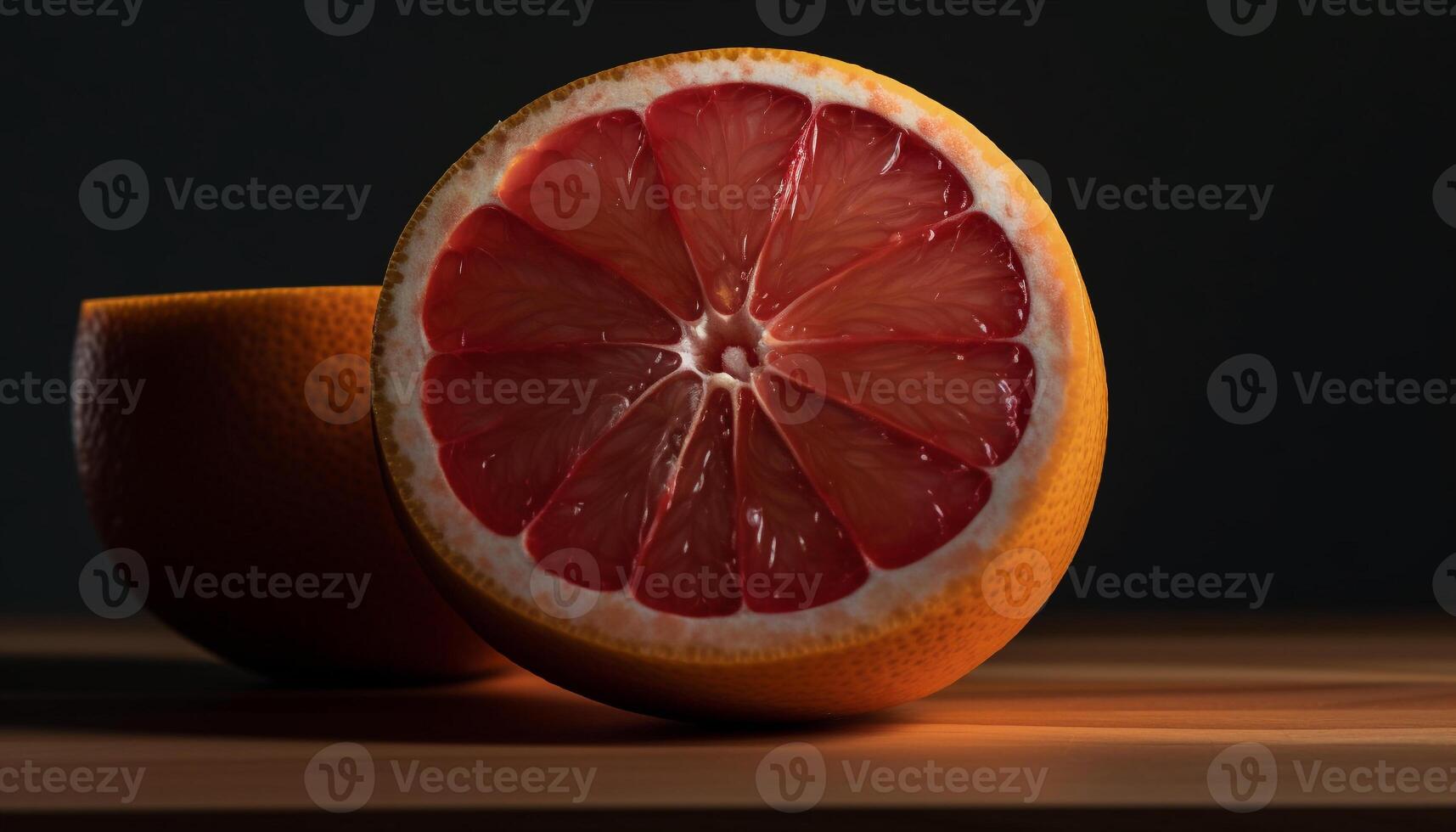 Juicy citrus slice on wooden table, a refreshing healthy snack generated by AI photo