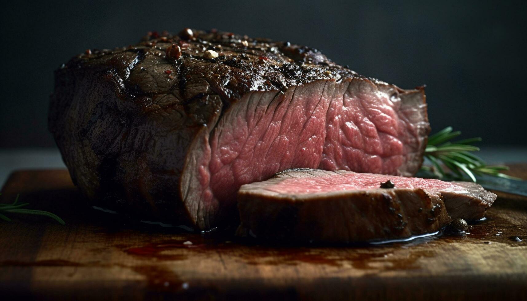 Juicy grilled fillet steak on rustic cutting board, marbled perfection generated by AI photo