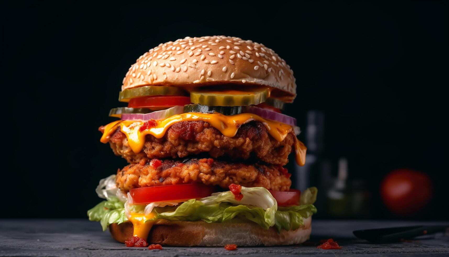 Grilled beef burger with cheese, tomato, onion on sesame bun generated by AI photo