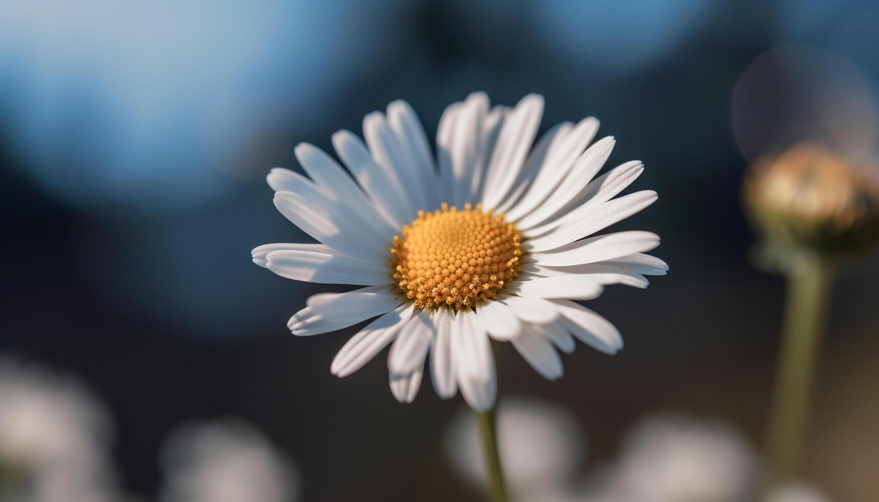 Vibrant chamomile blossom in soft focus, surrounded by green meadow generated by AI photo