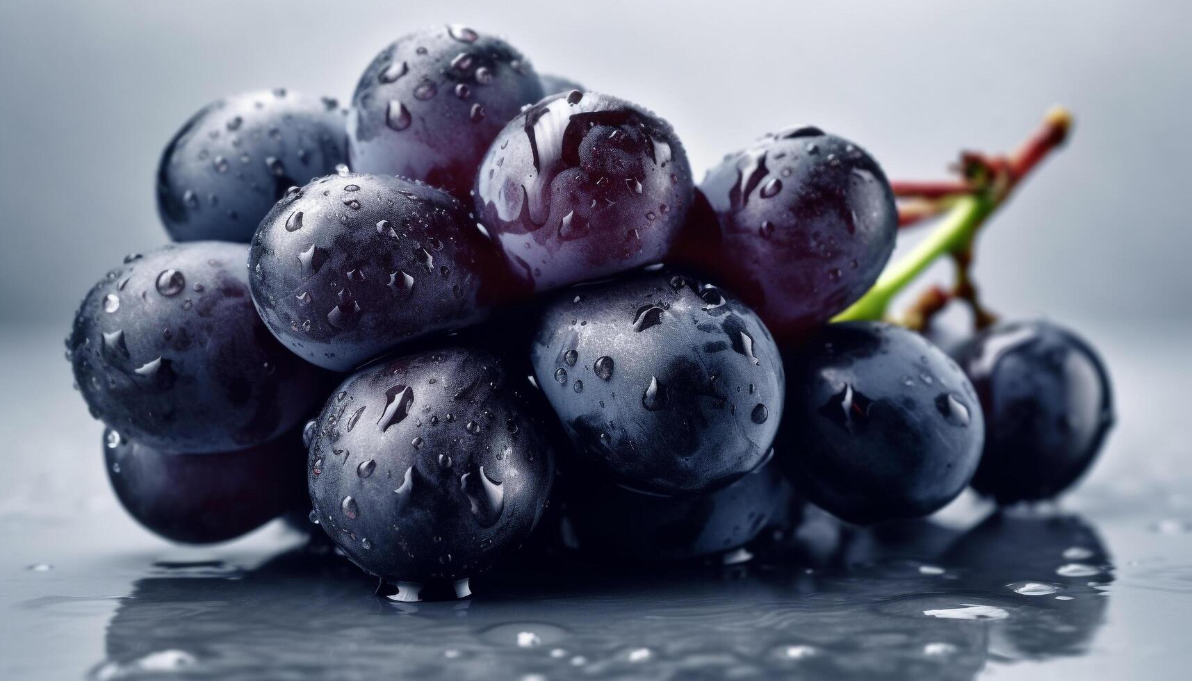 Juicy grape bunch, ripe and sweet, on wet leaf background generated by AI photo