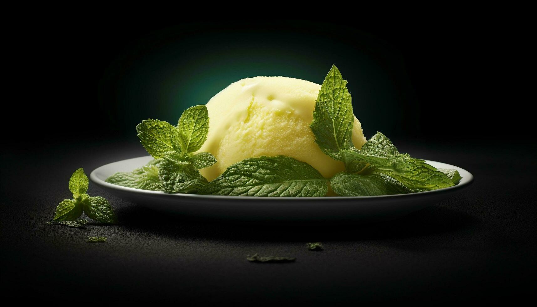 Fresh mint sorbet with raspberry slice, a gourmet summer indulgence generated by AI photo