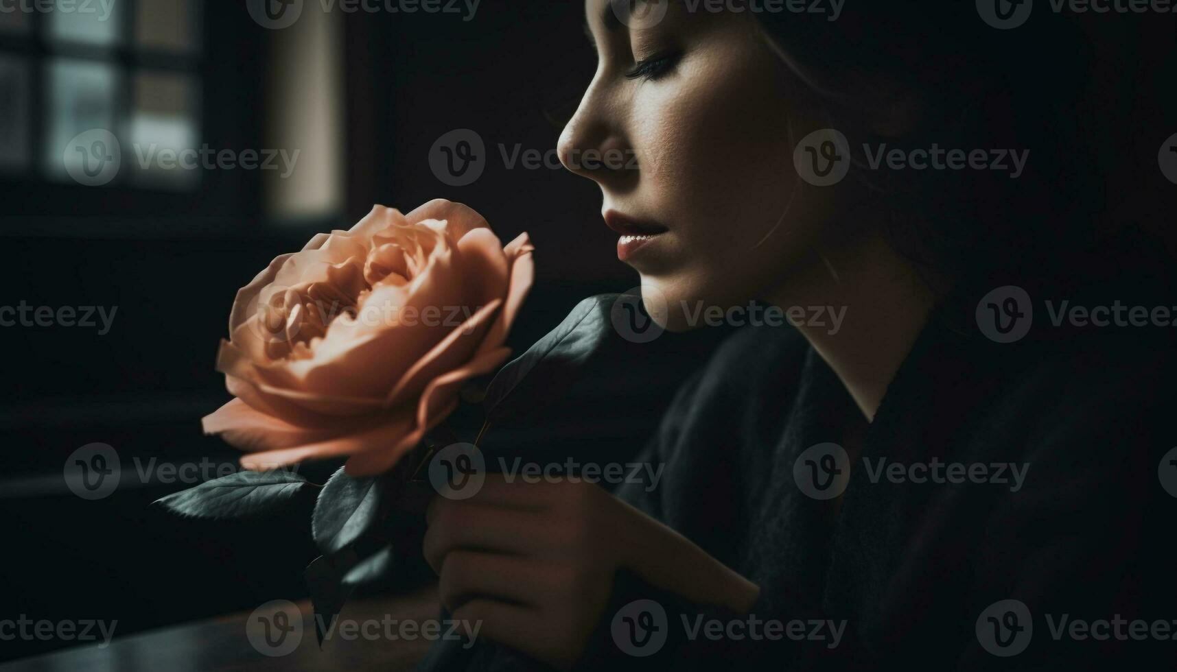 Young adult females holding single flowers, looking at window, sensuality generated by AI photo