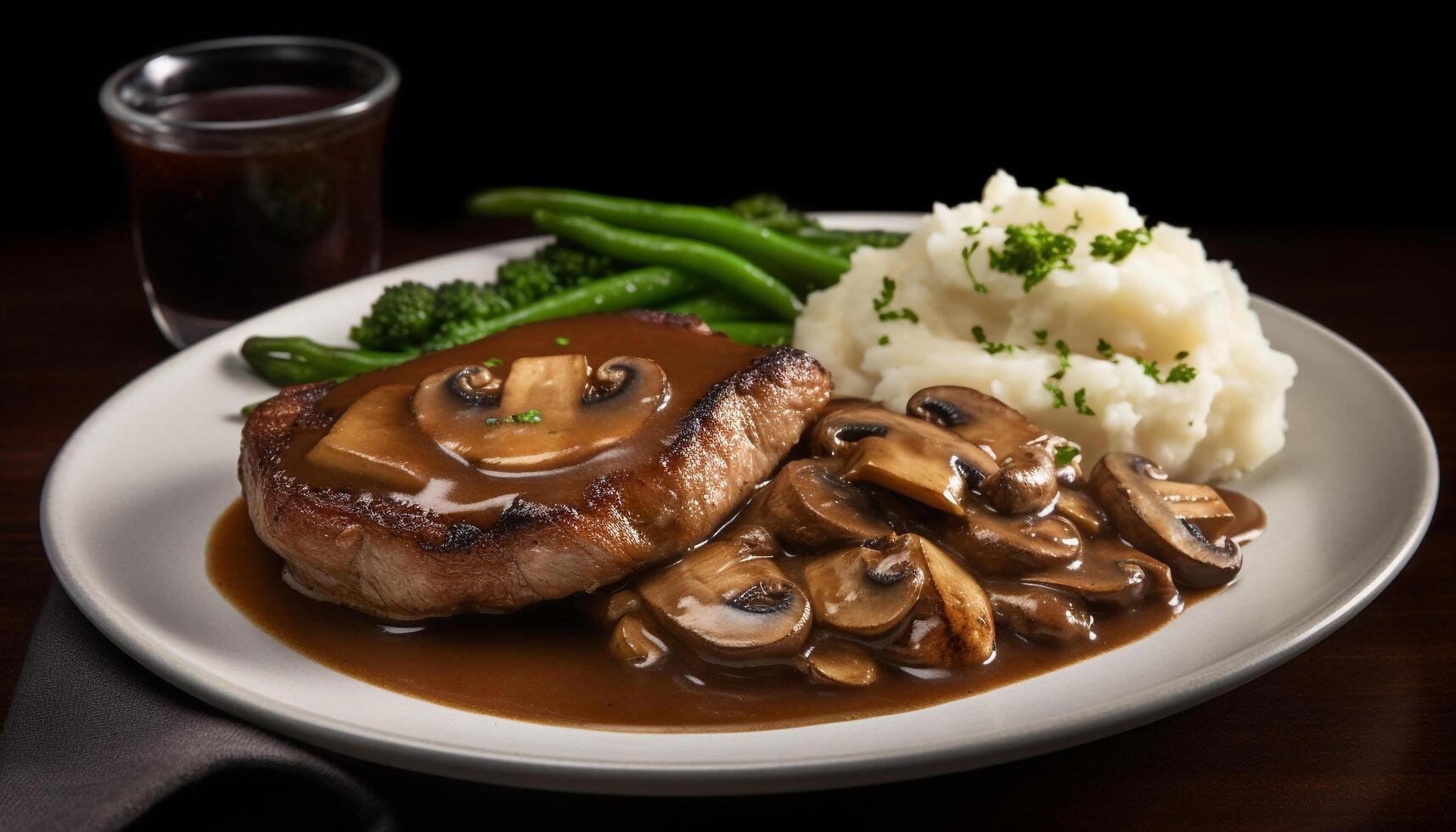 Grilled steak and asparagus with mashed potatoes and savory sauce generated by AI photo