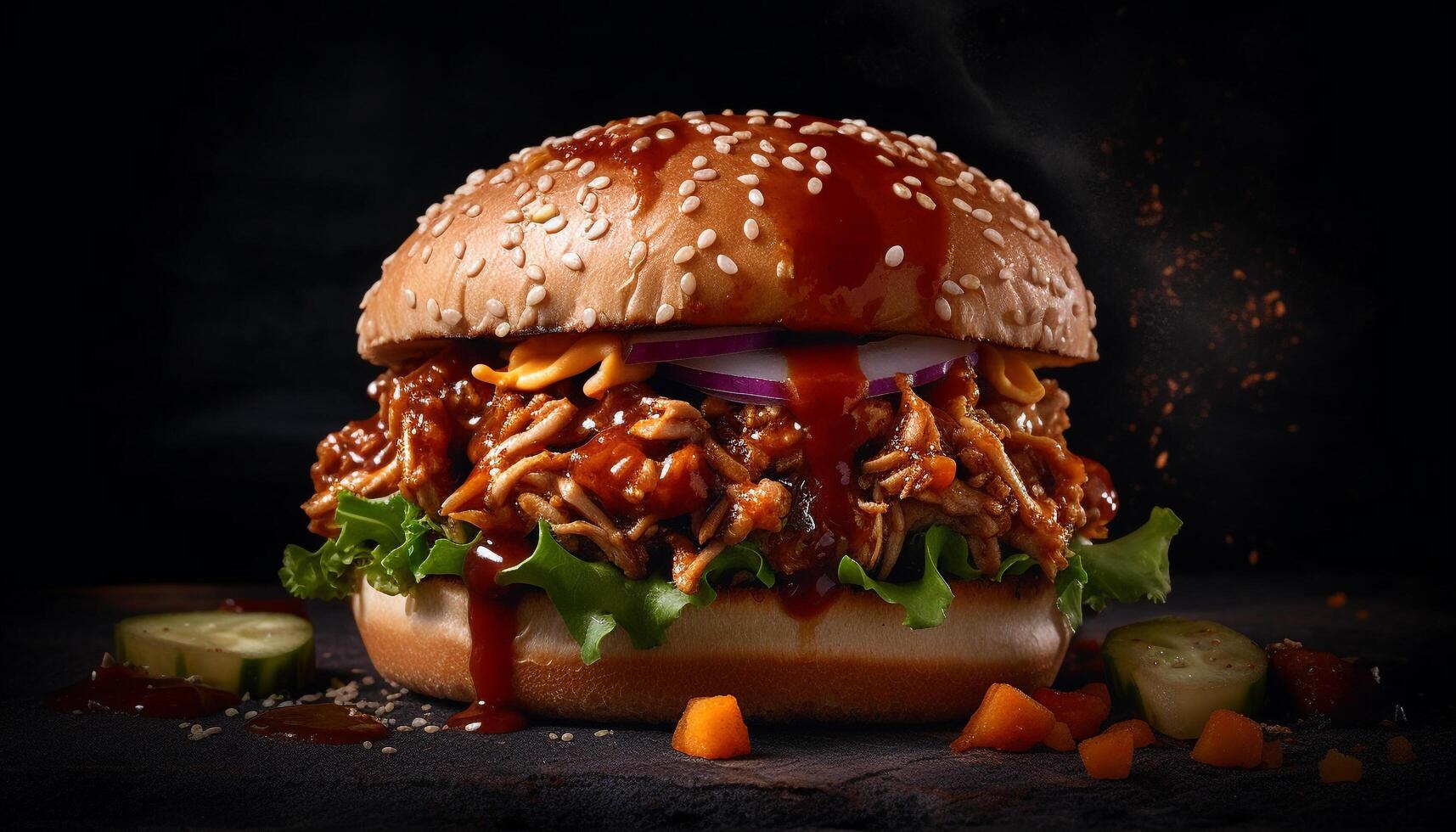 Grilled beef burger on a rustic bun with fresh vegetables generated by AI photo