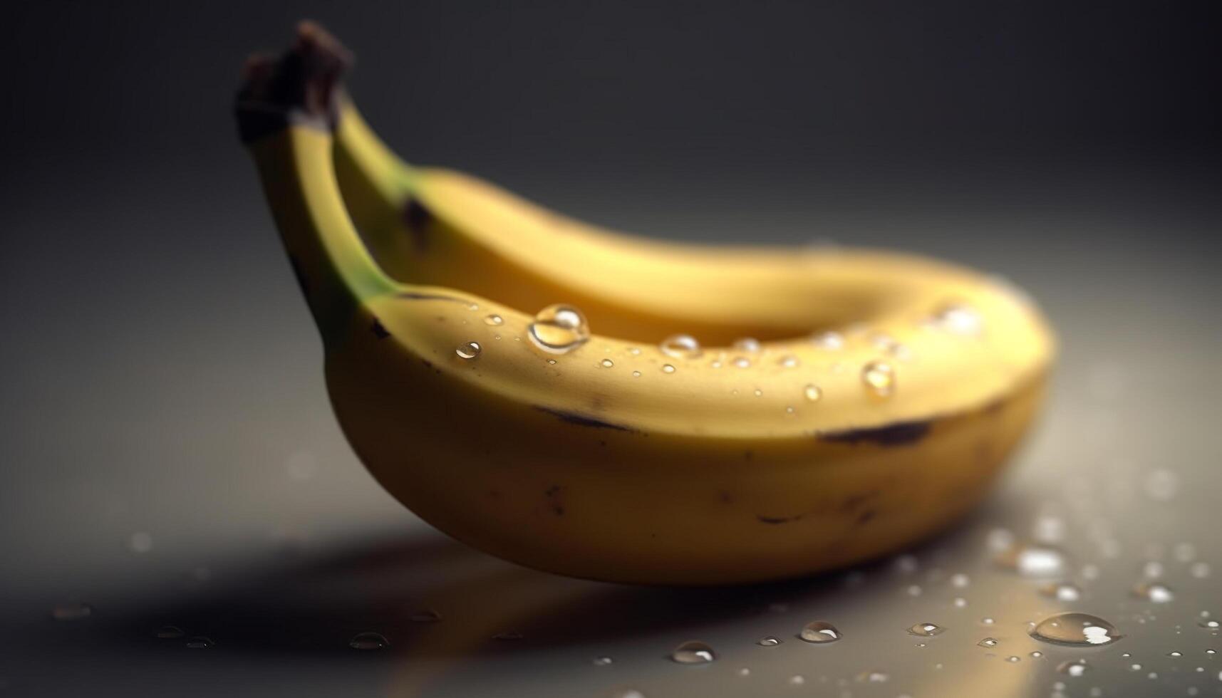 Fresco amarillo banana, mojado con gotas, en limpiar antecedentes generado por ai foto