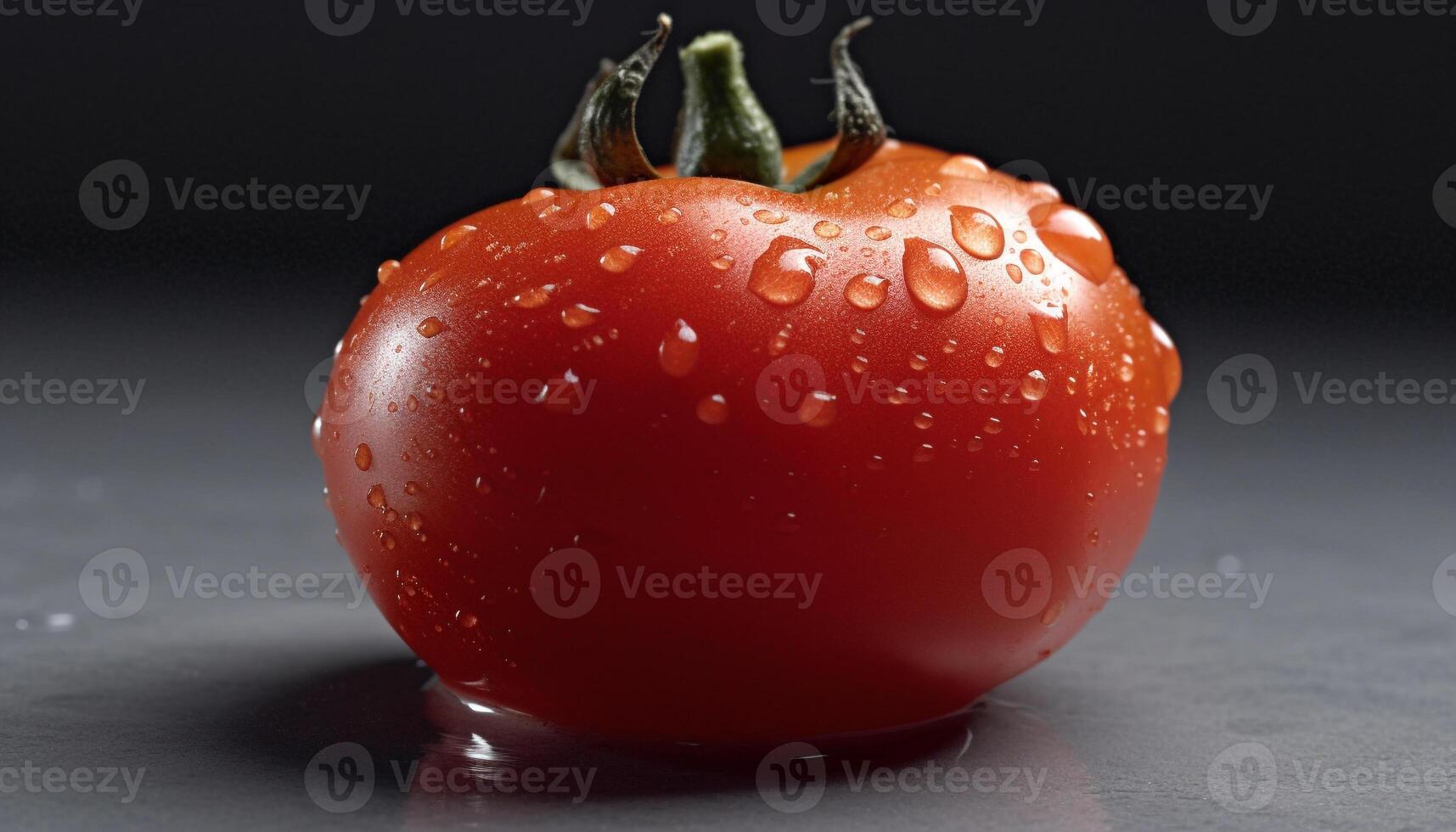 Ripe tomato reflects nature freshness in a wet close up generated by AI photo