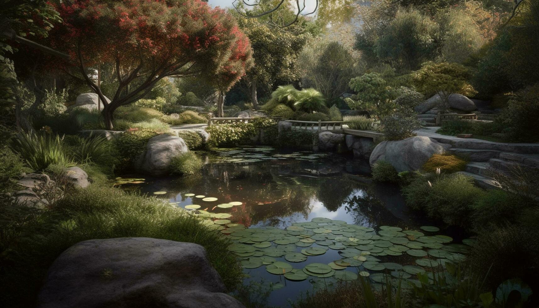 Tranquil scene of a pond in a formal garden with foliage generated by AI photo