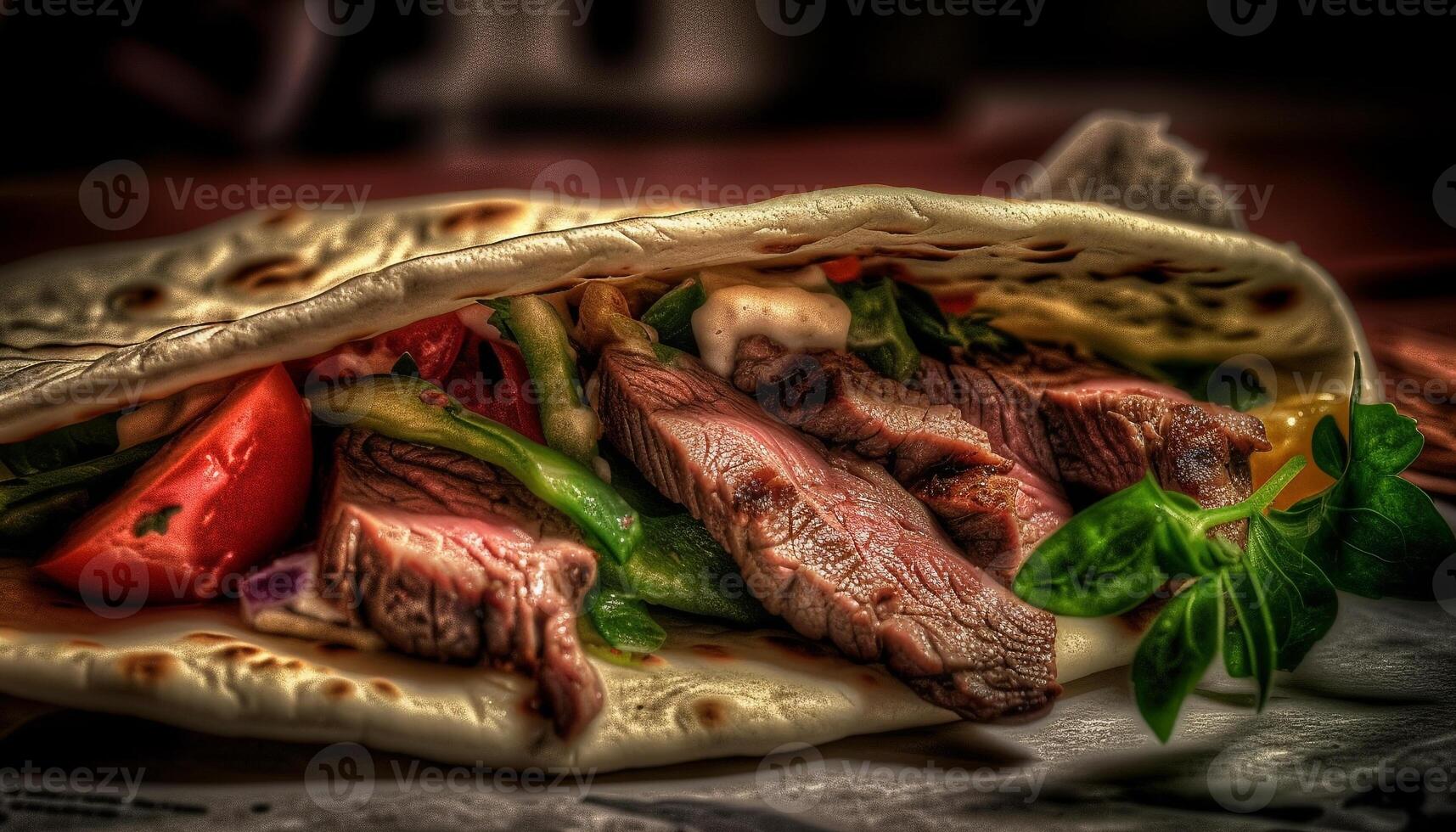 Grilled beef steak with fresh tomato and vegetable slice meal generated by AI photo