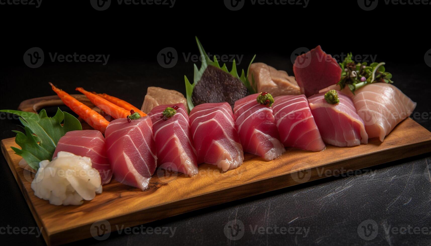 Fresh seafood sashimi plate, healthy eating Japanese delicatessen generated by AI photo