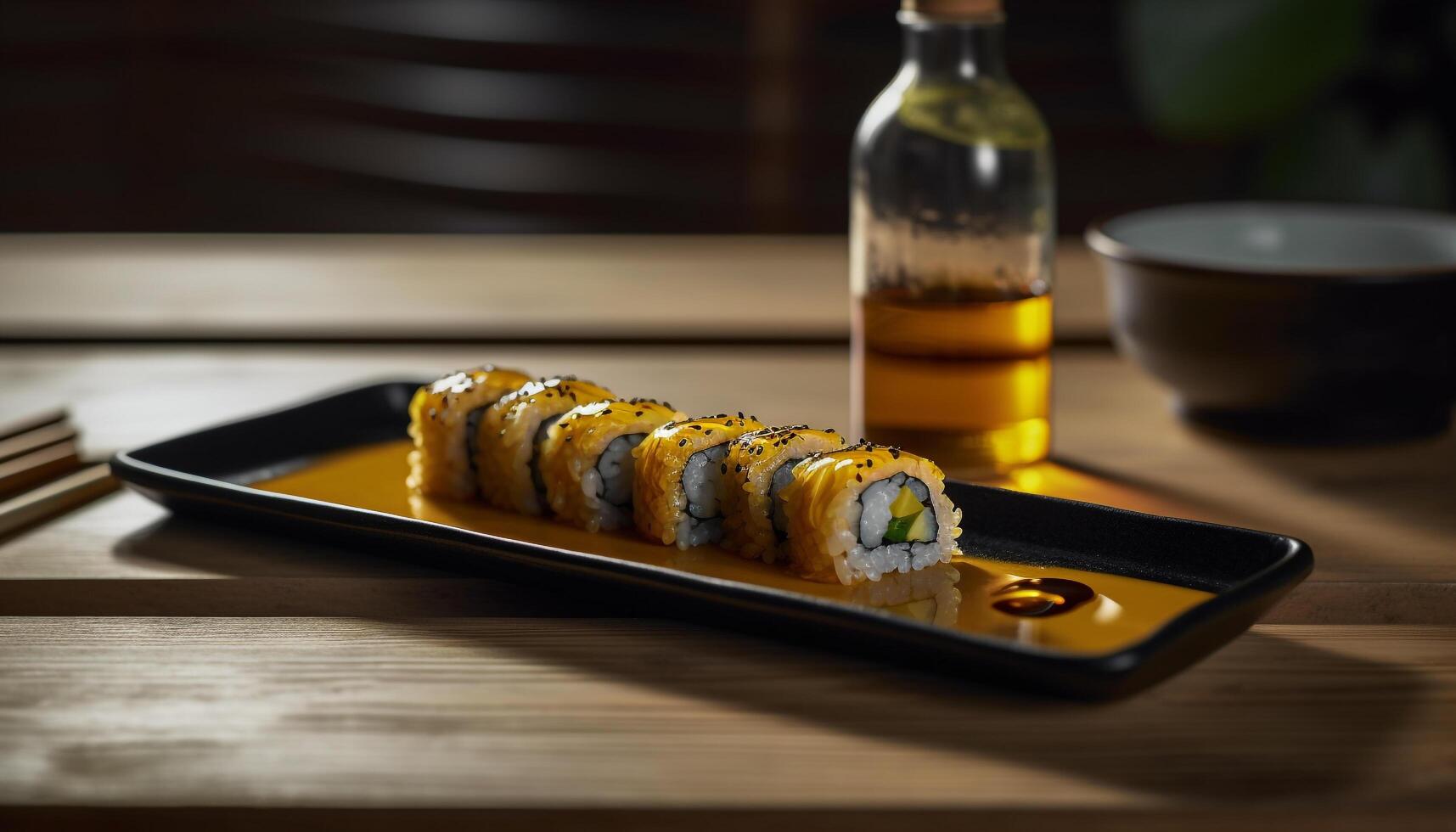 Gourmet seafood meal on wooden plate with fresh sushi rolls generated by AI photo