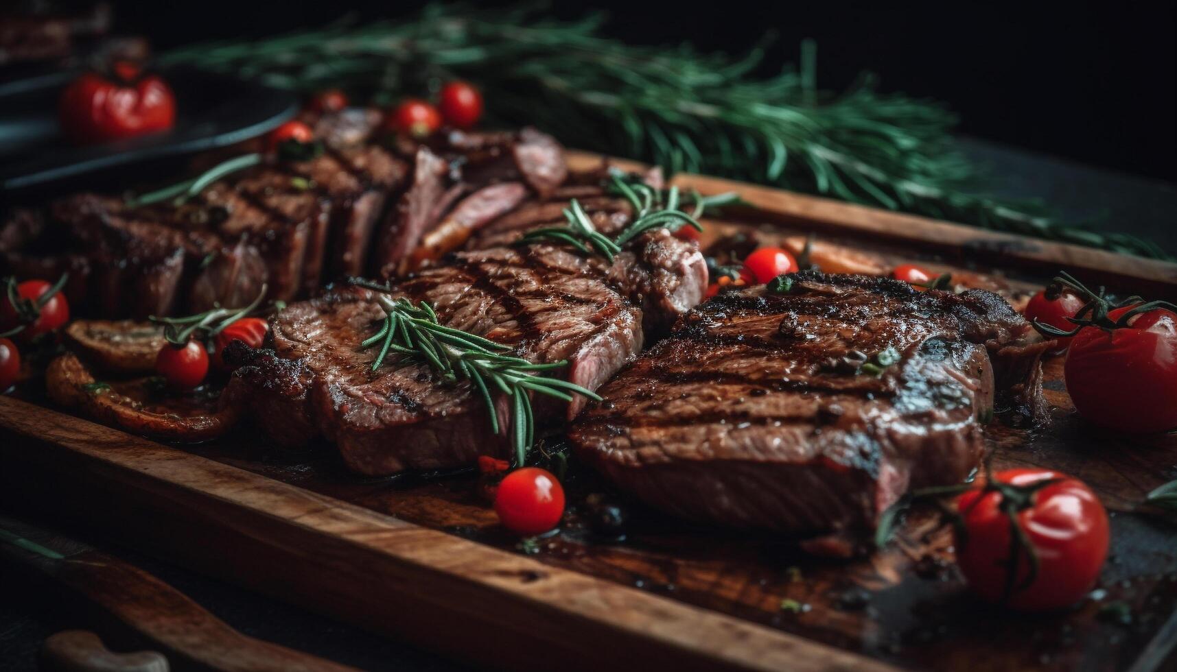 A la parrilla carne de vaca filete con tomate y vegetal en rústico plato generado por ai foto