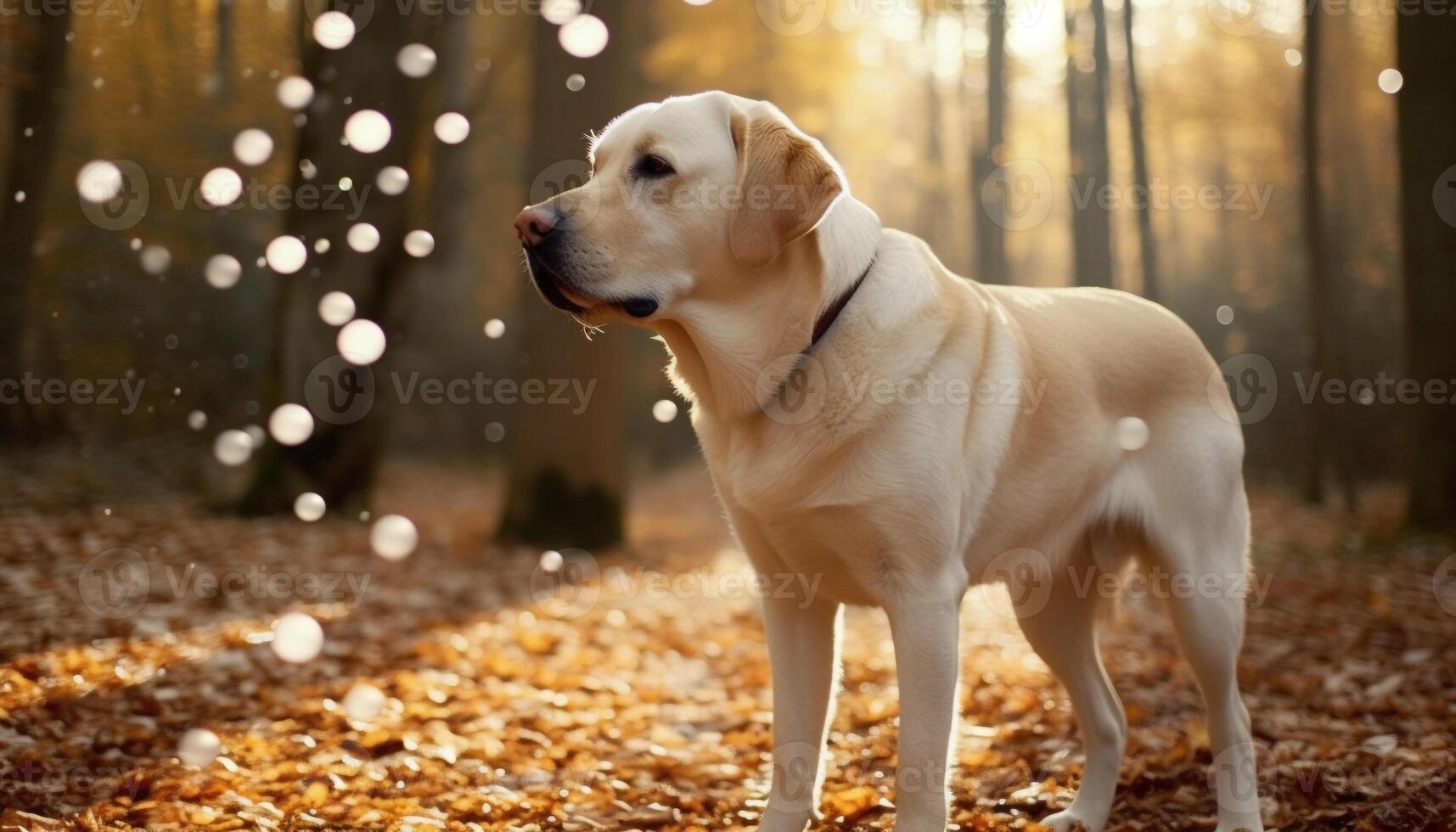 Golden retriever puppy playing in autumn forest, cheerful and obedient generated by AI photo