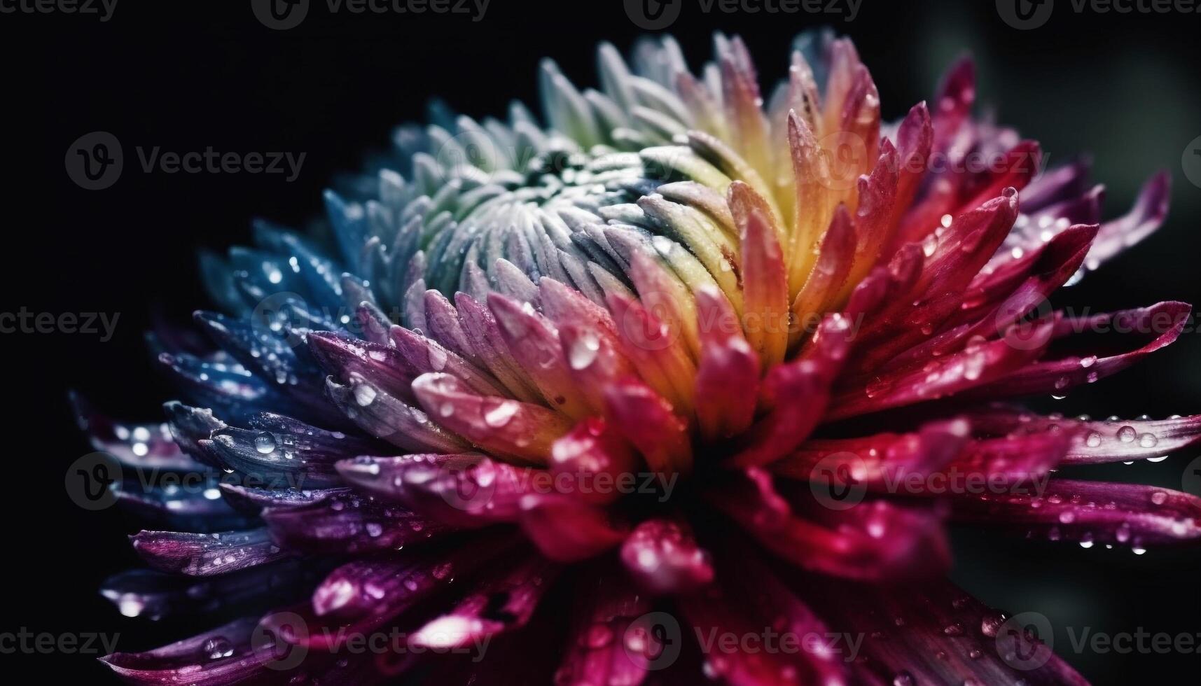 Vibrant purple flower head with dew drop on wet petal generated by AI photo