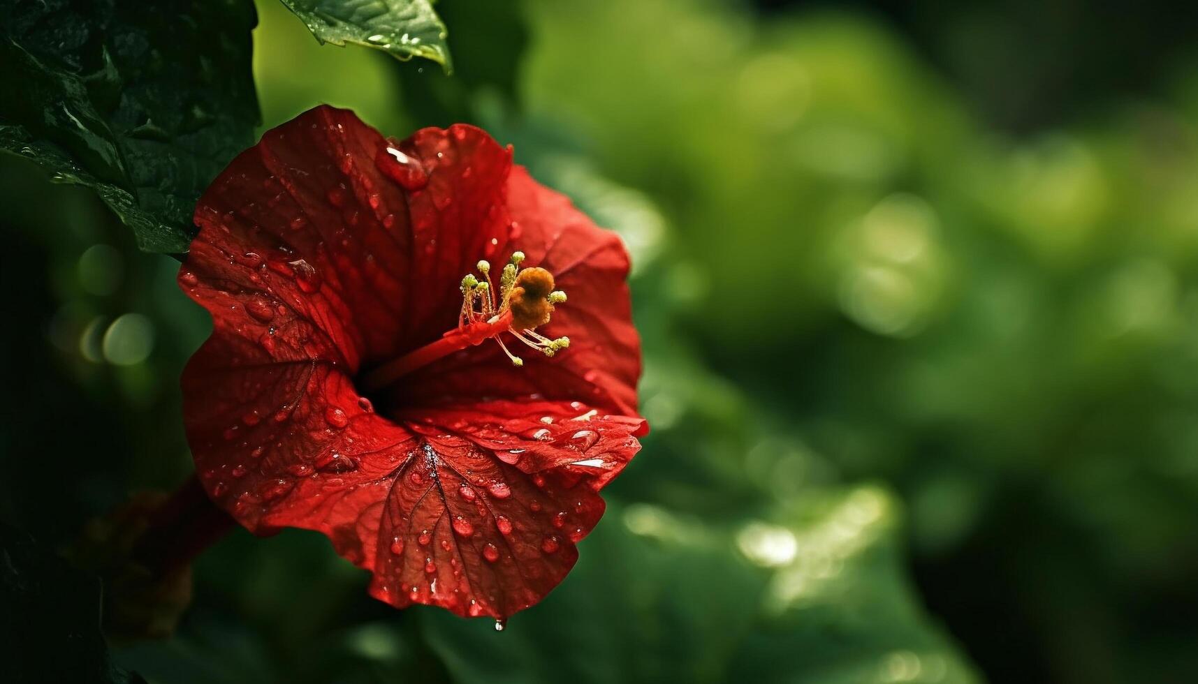 Vibrant hibiscus blossom in wet meadow, showcasing natural beauty generated by AI photo