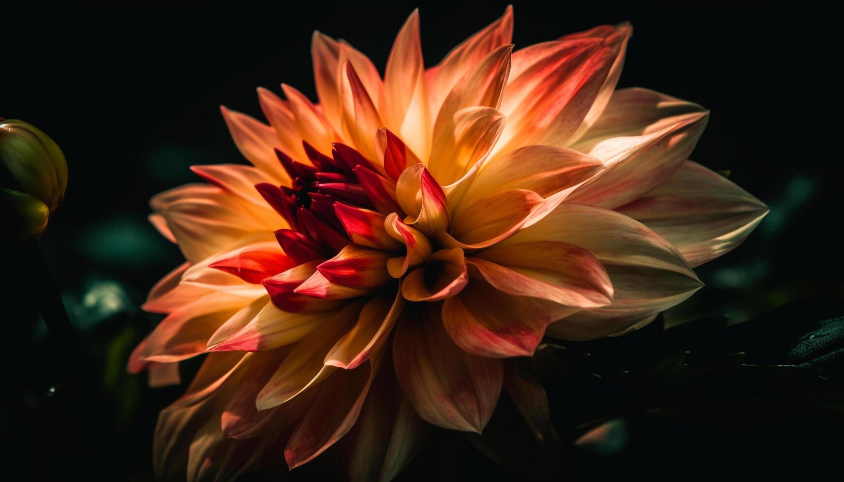 Vibrant petals of a wet dahlia in a dark background generated by AI photo