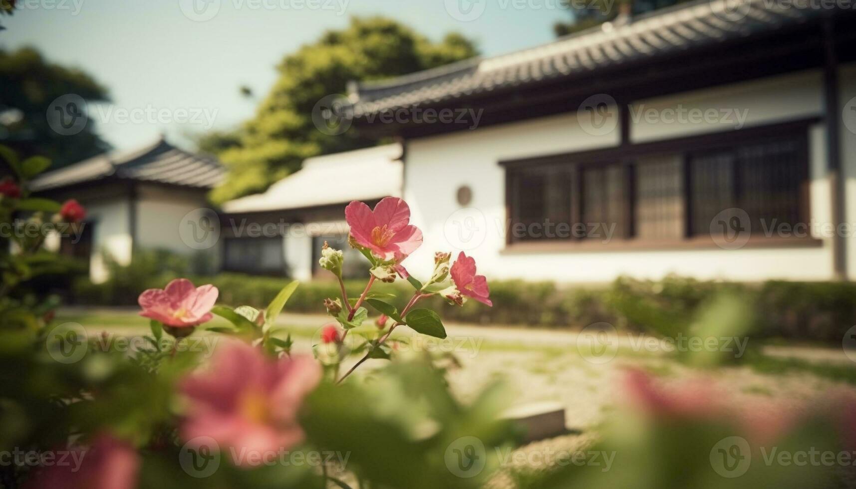 Multi colored flower blossoms in formal Japanese garden with historic architecture generated by AI photo