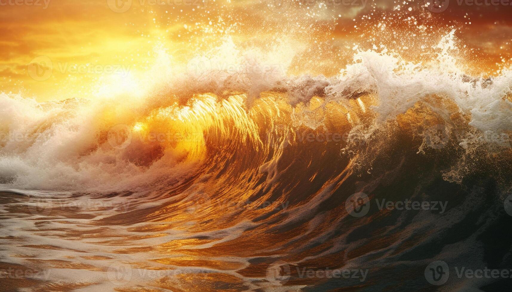 Vibrant sunset sky reflects on crashing waves in liquid motion generated by AI photo