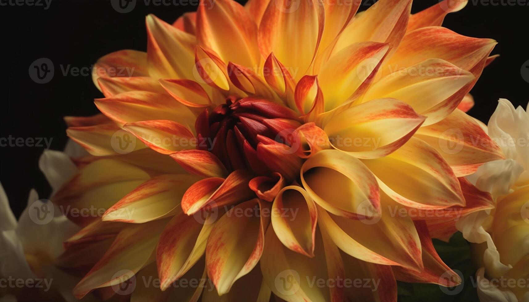 Vibrant dahlia blossom, pink and yellow petals, black background beauty generated by AI photo