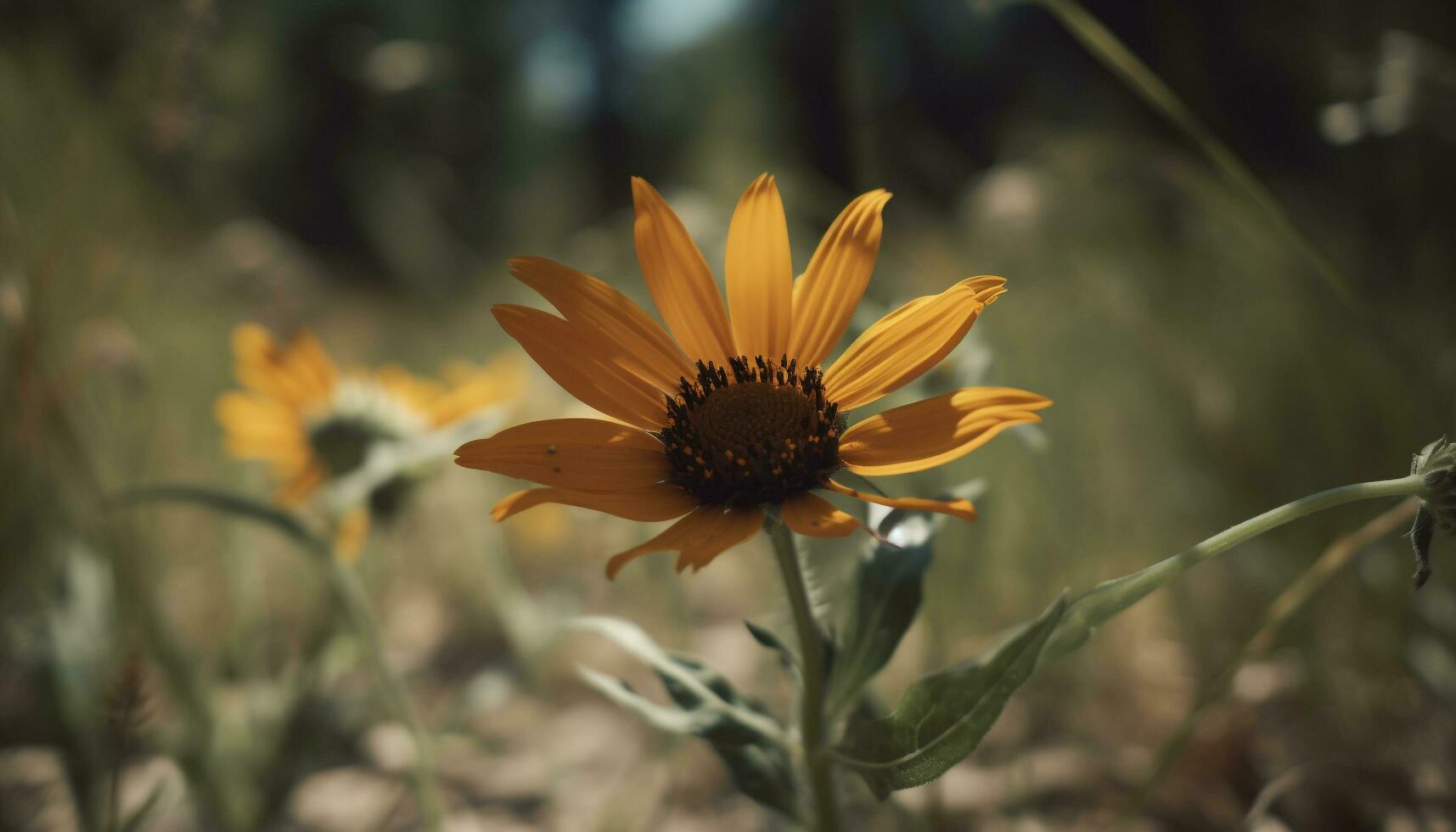 Yellow daisy, single flower, macro, green leaf, meadow, springtime generated by AI photo