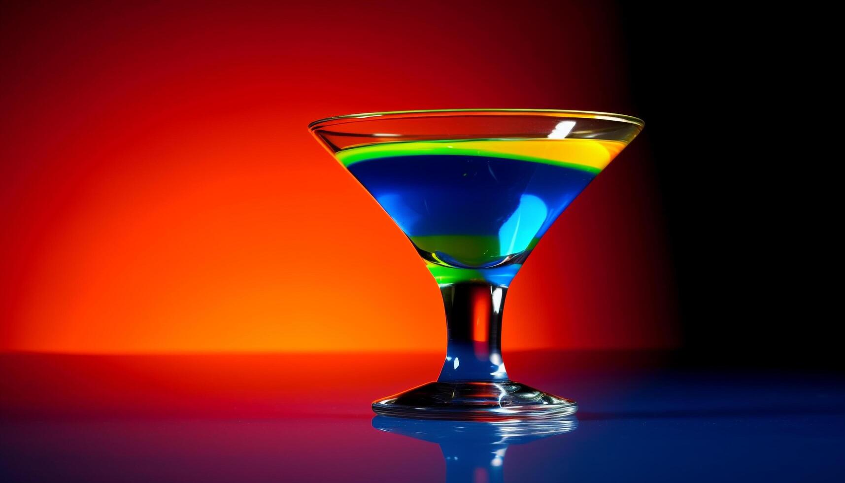 Vibrant cocktail glass reflects colorful party celebration in nightclub generated by AI photo