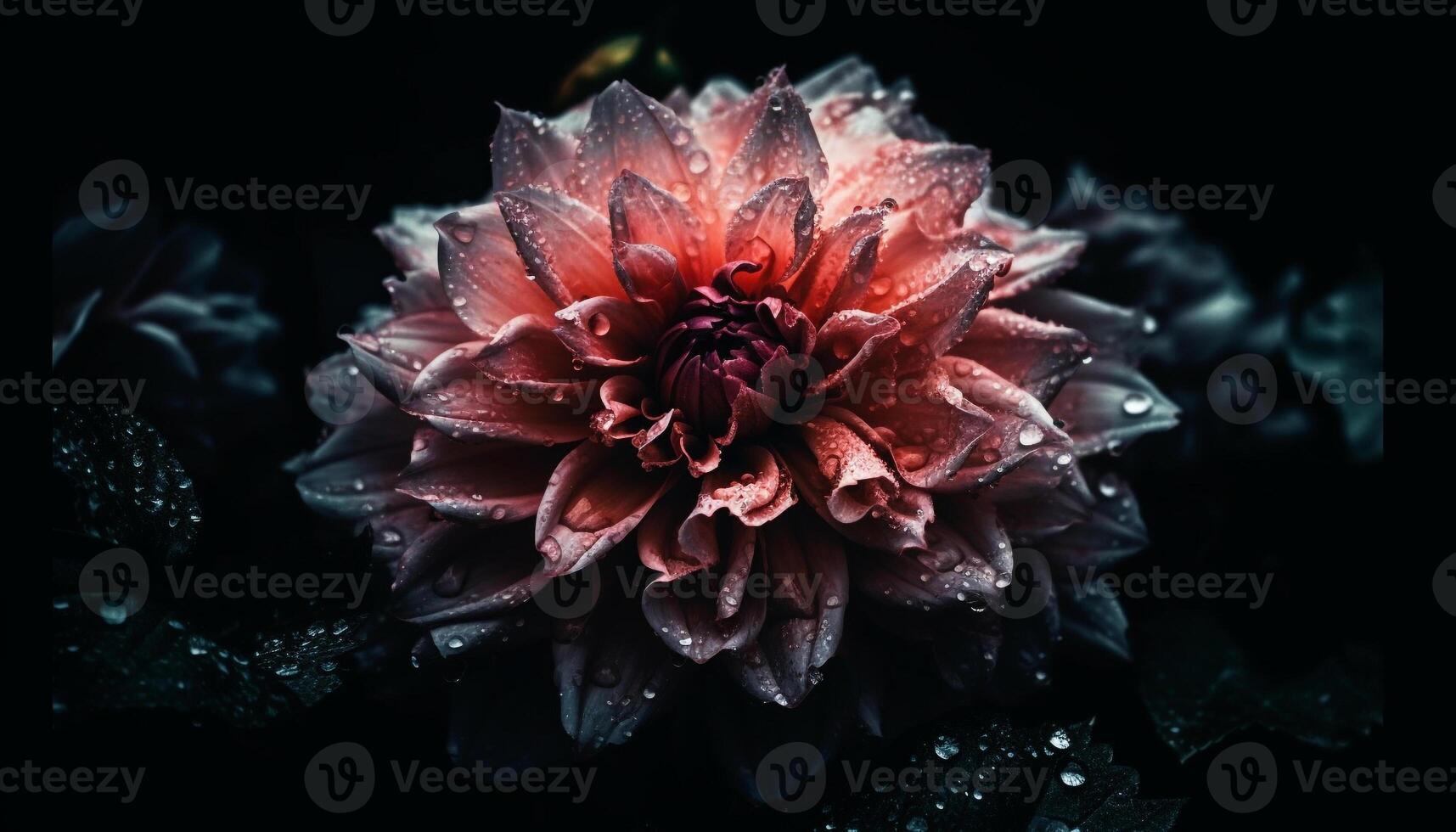 Fresh pink dahlia blossom, wet with dew, on black background generated by AI photo