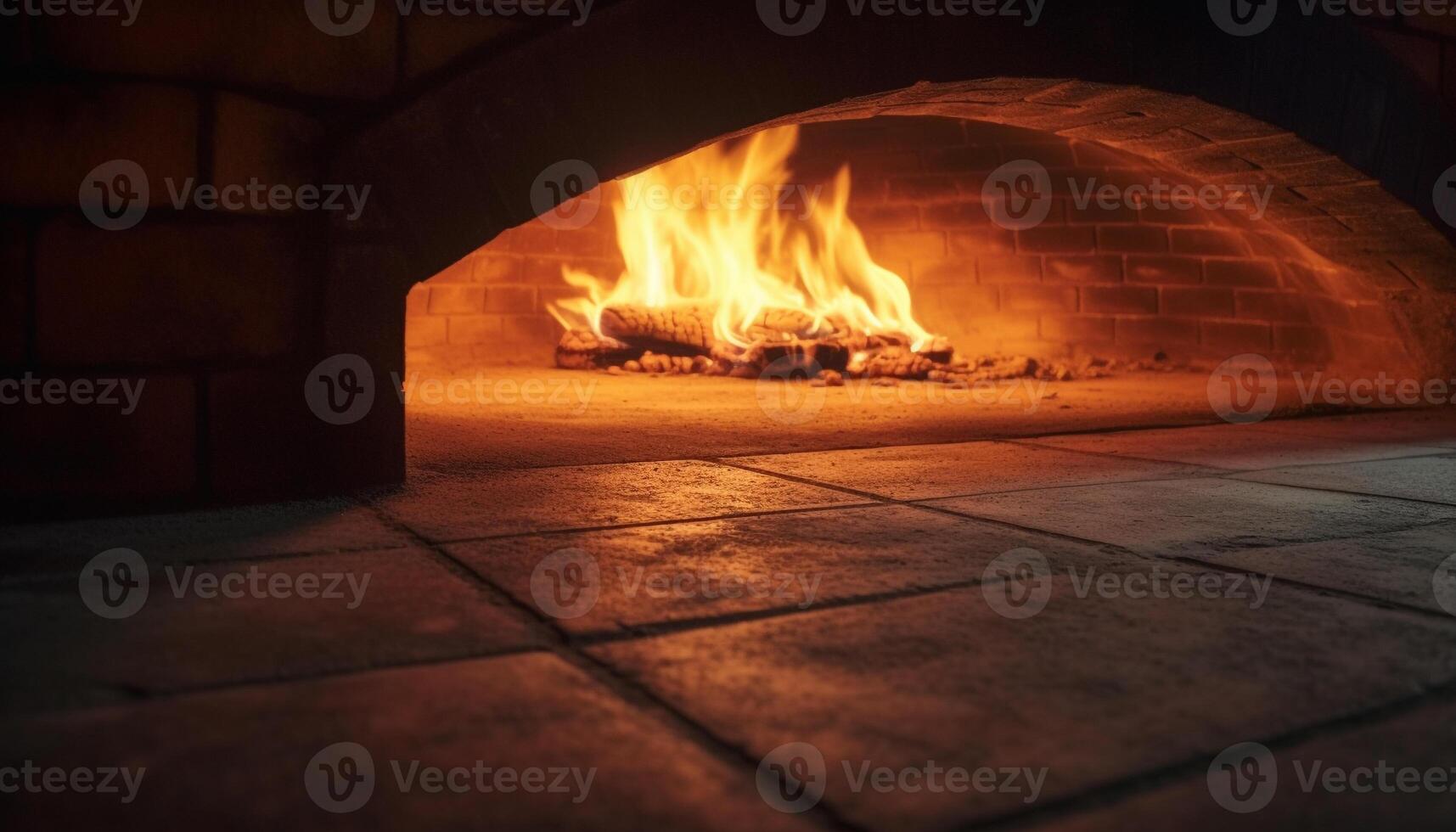 Wood burning stove ignites glowing flame in old fashioned home interior generated by AI photo