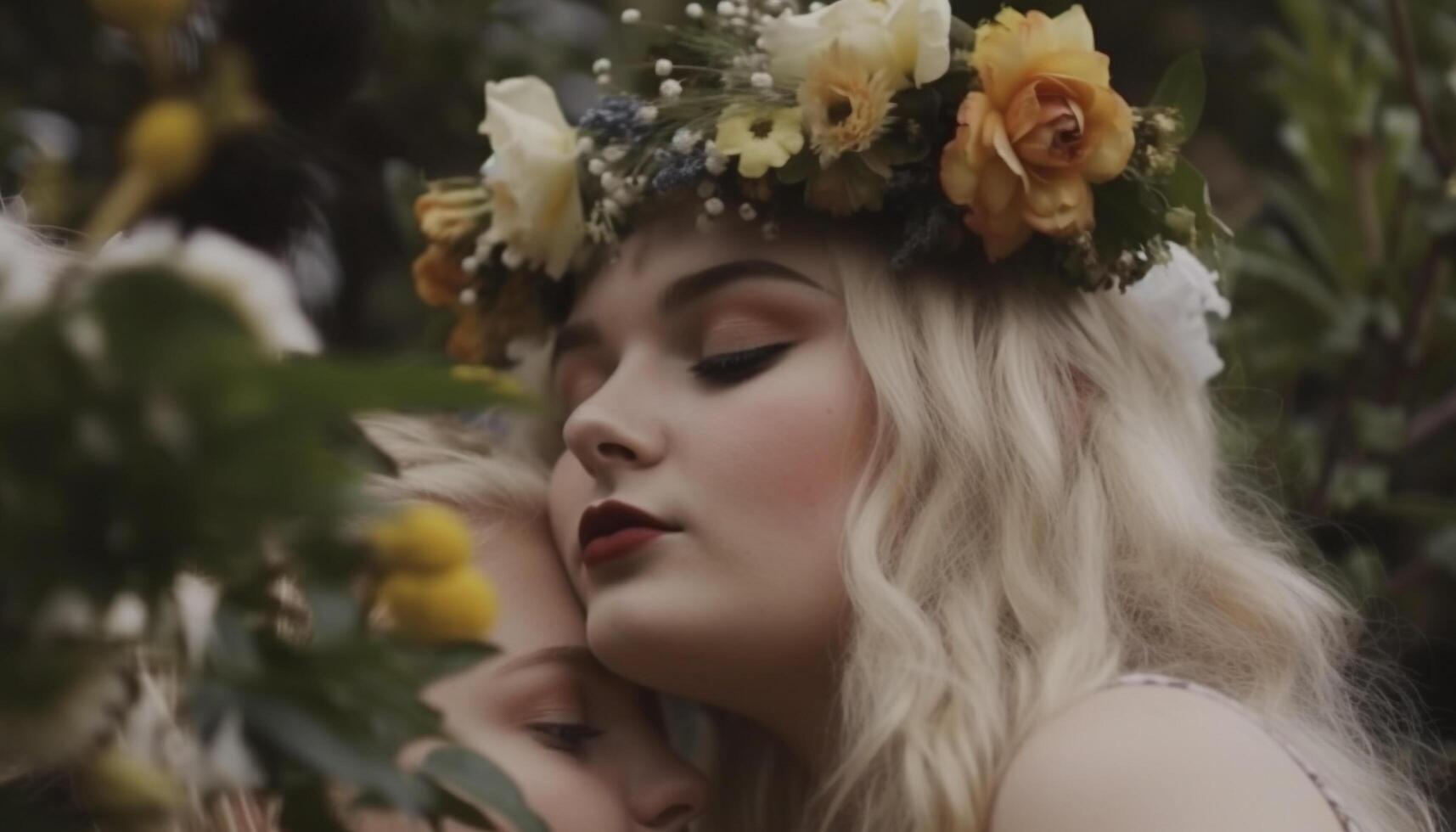 Beautiful young woman with blonde hair holds yellow flower bouquet generated by AI photo